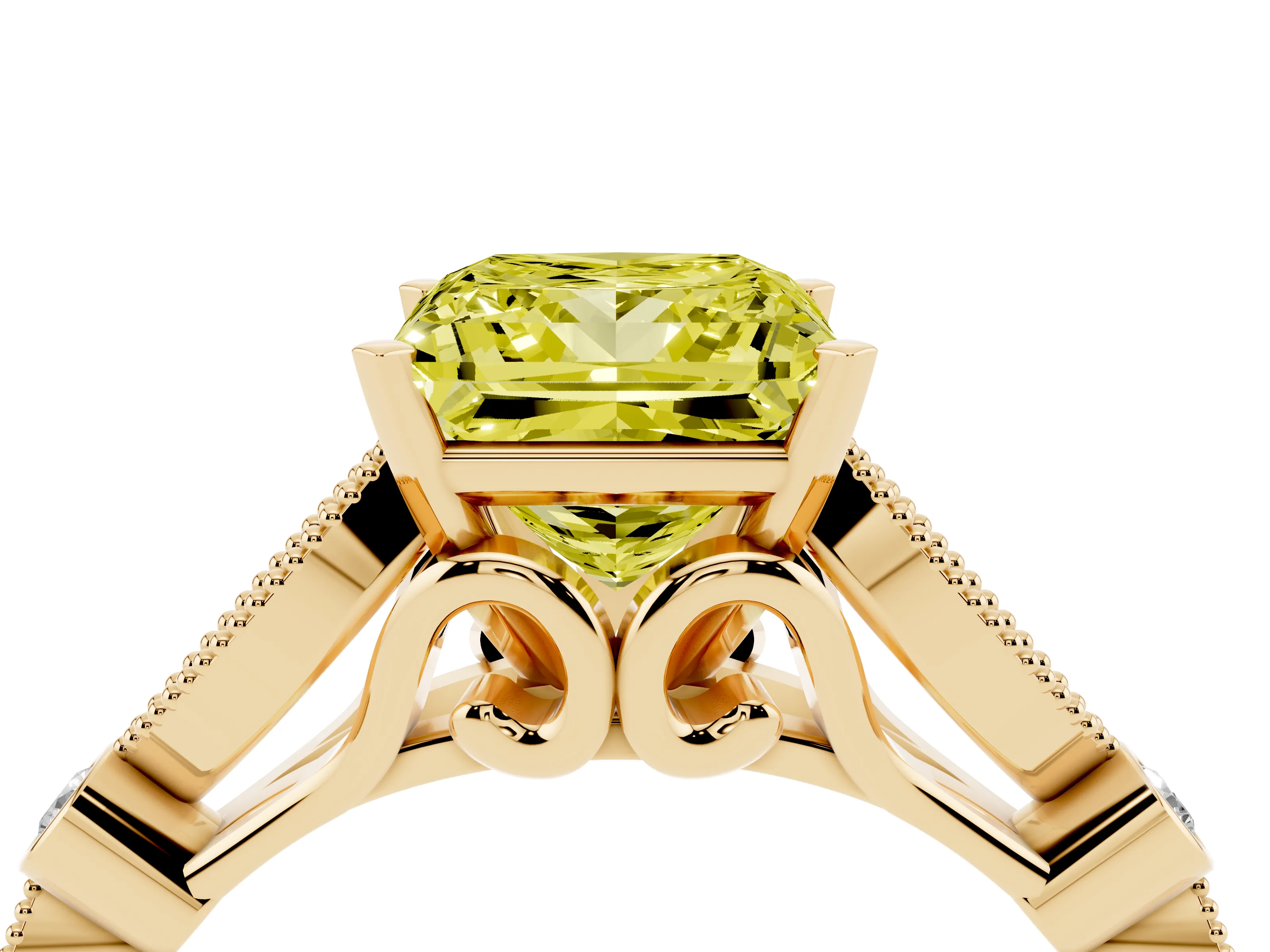 Fancy Yellow Princess Cut Diamond Solitaire Ring Set in Yellow gold with Milgrain Marquise and Bezel Accents