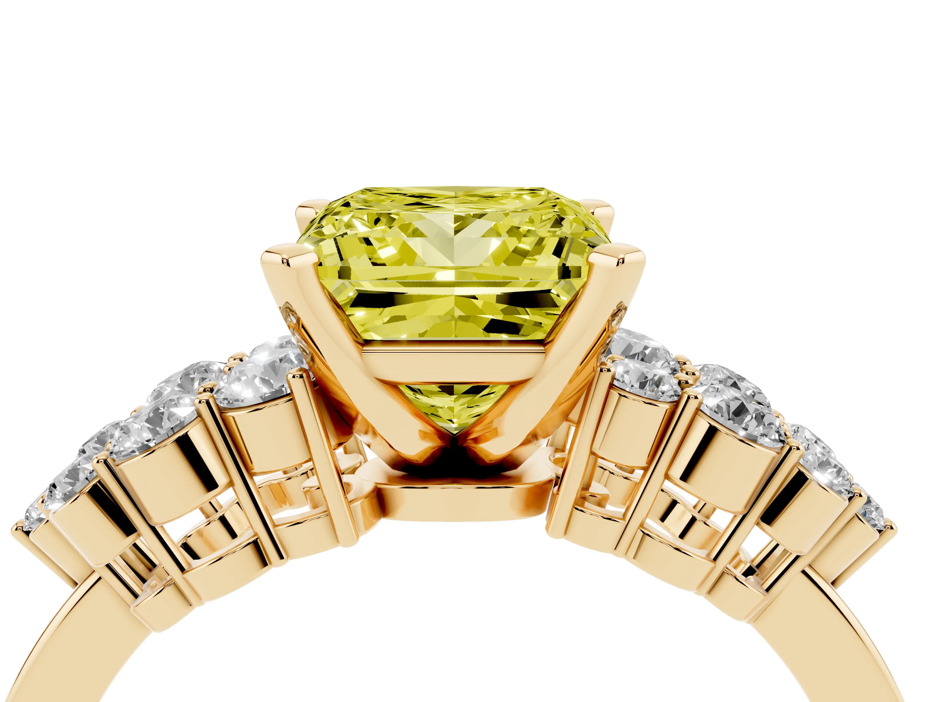 Fancy Yellow Princess Cut Diamond Cluster Engagement Ring Set in Yellow gold with Pavé Band and Prong Setting