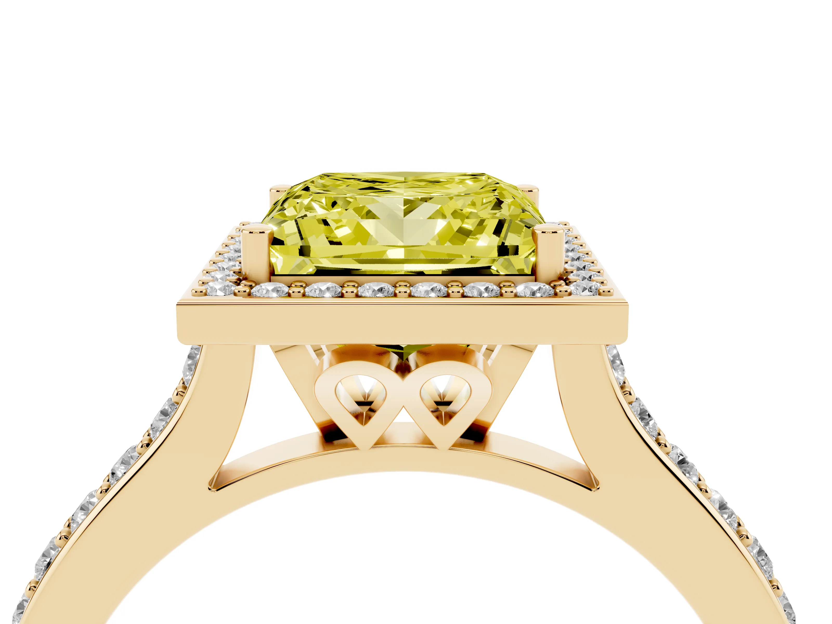 Fancy Yellow Princess Cut Diamond Halo Engagement Ring Set in Yellow gold with Round Pavé Shoulders and Heart Gallery