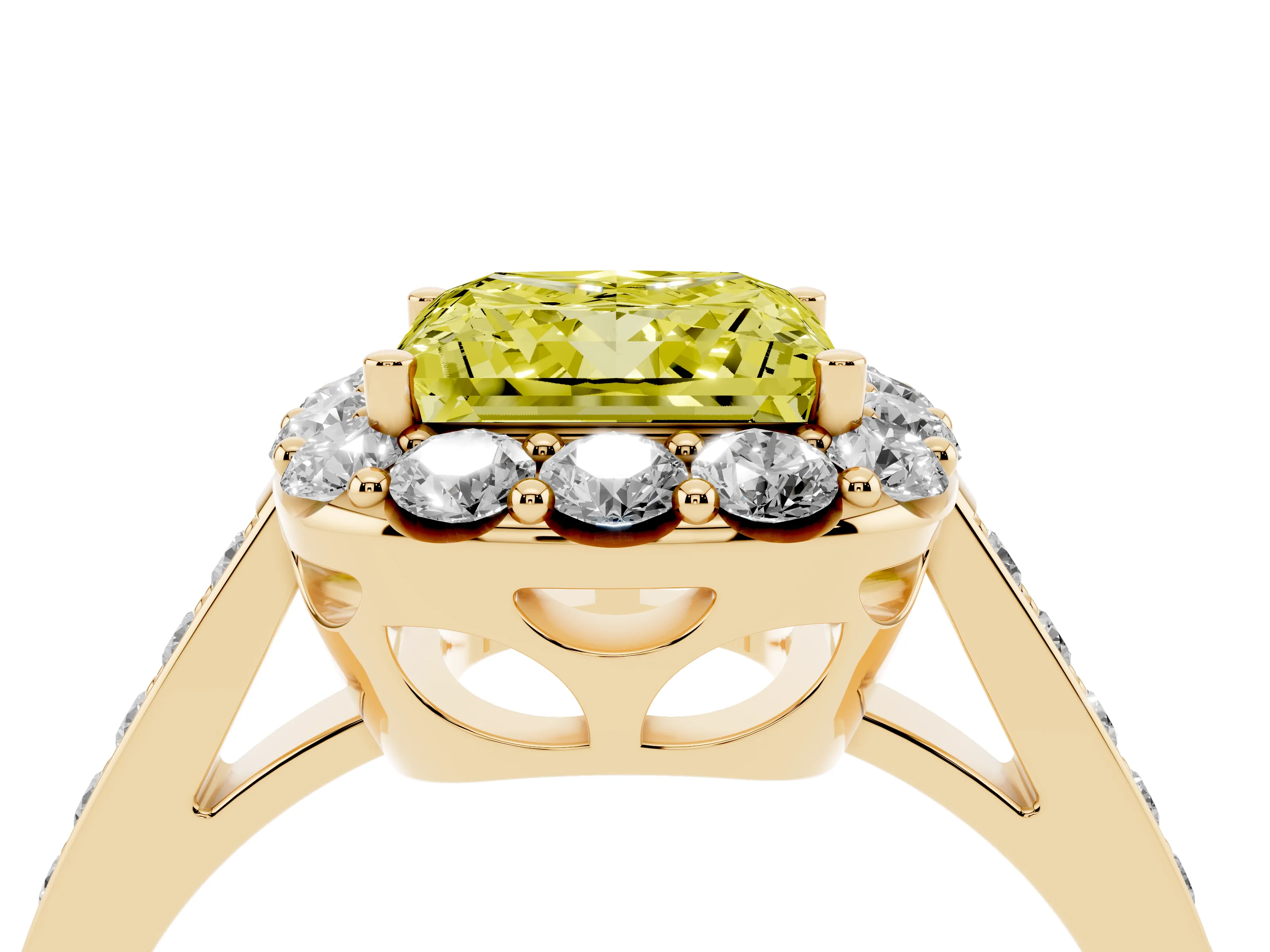 Fancy Yellow Princess Cut Diamond Floral Halo Ring Set in Yellow gold with Pavé Band and Prong Setting