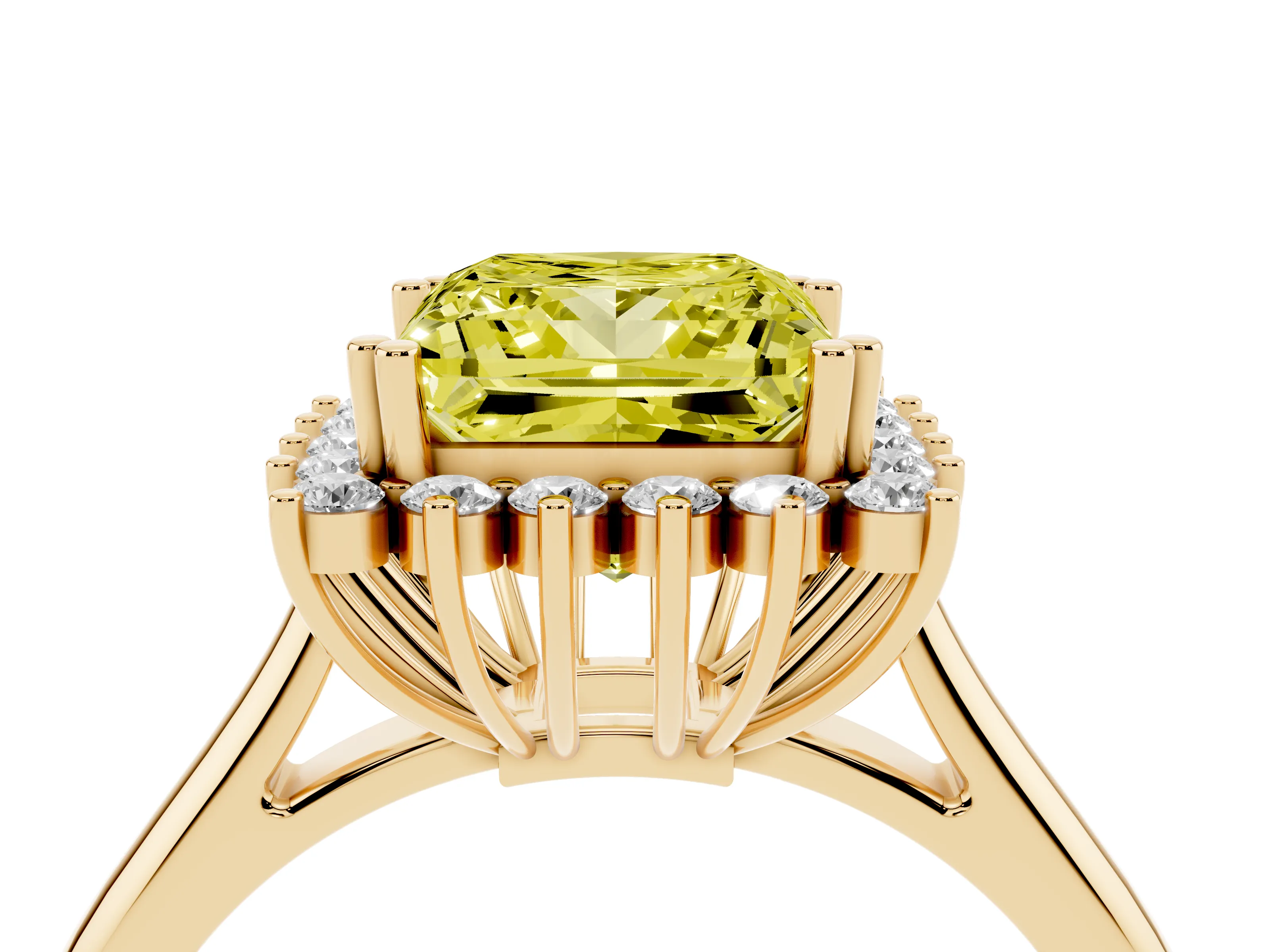 Fancy Yellow Princess Cut Diamond Halo Ring Set in Yellow gold with Plain Solitaire Band and Prong Setting