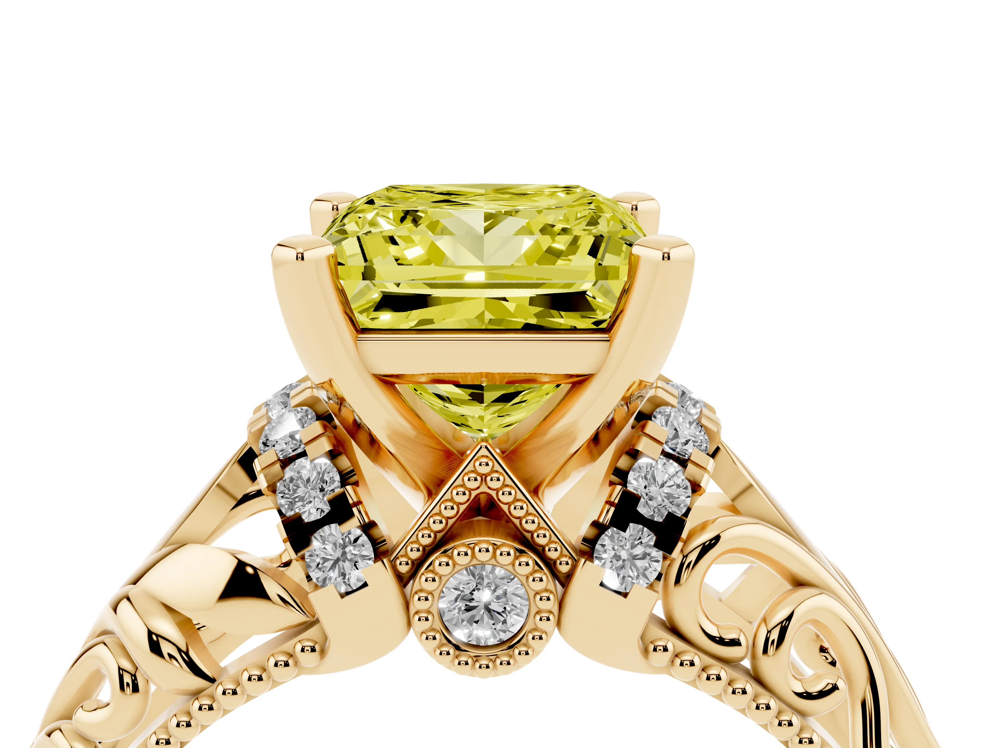 Fancy Yellow Princess Cut Diamond Filigree Halo Engagement Ring Set in Yellow gold with Prong Setting