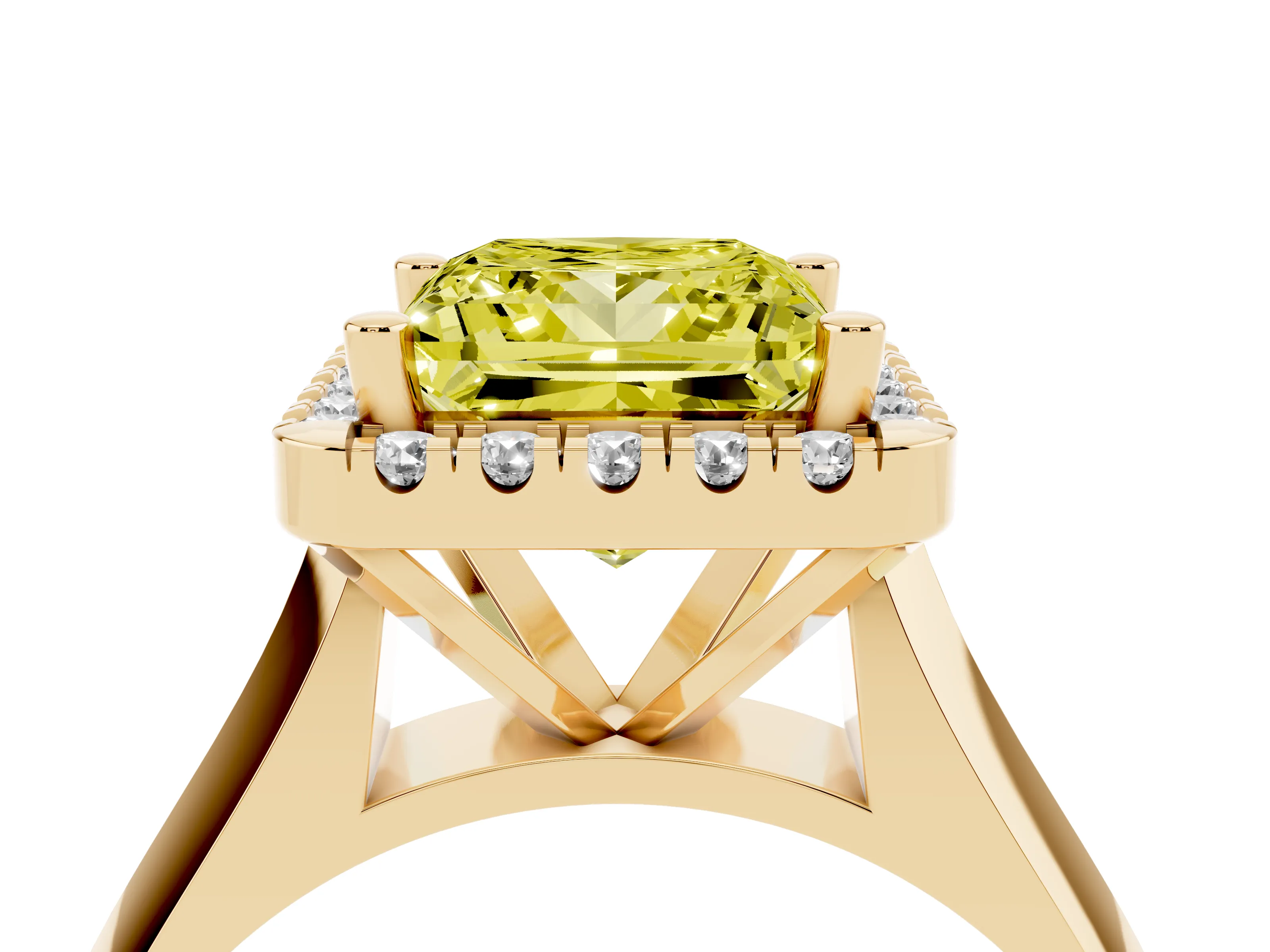 Fancy Yellow Princess Cut Diamond Halo Solitaire Engagement Ring Set in Yellow gold with Square Band and Prong Setting