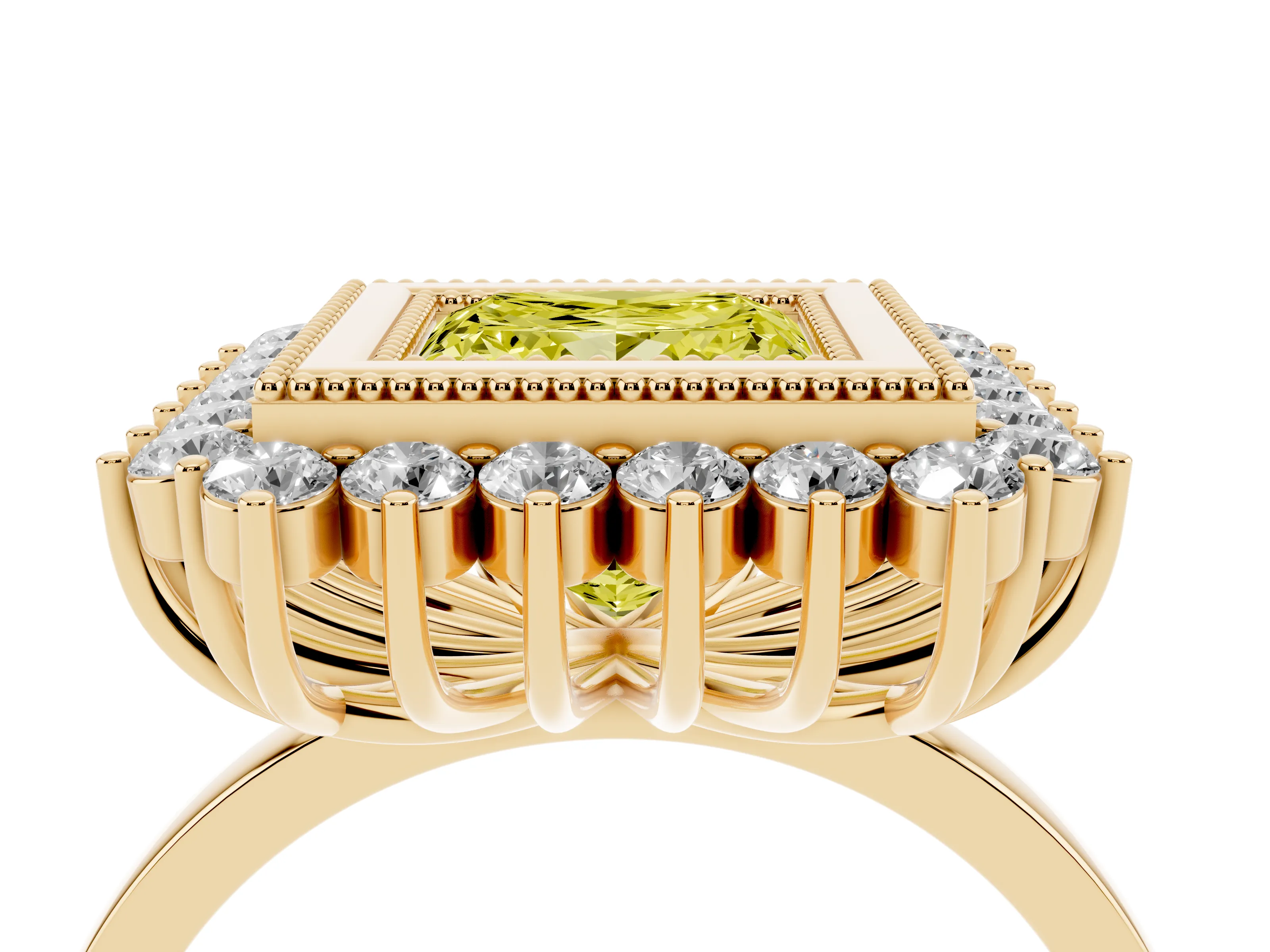 Fancy Yellow Princess Cut Diamond Halo Ring Set in Yellow gold with Milgrain Edge and Round Prong Setting
