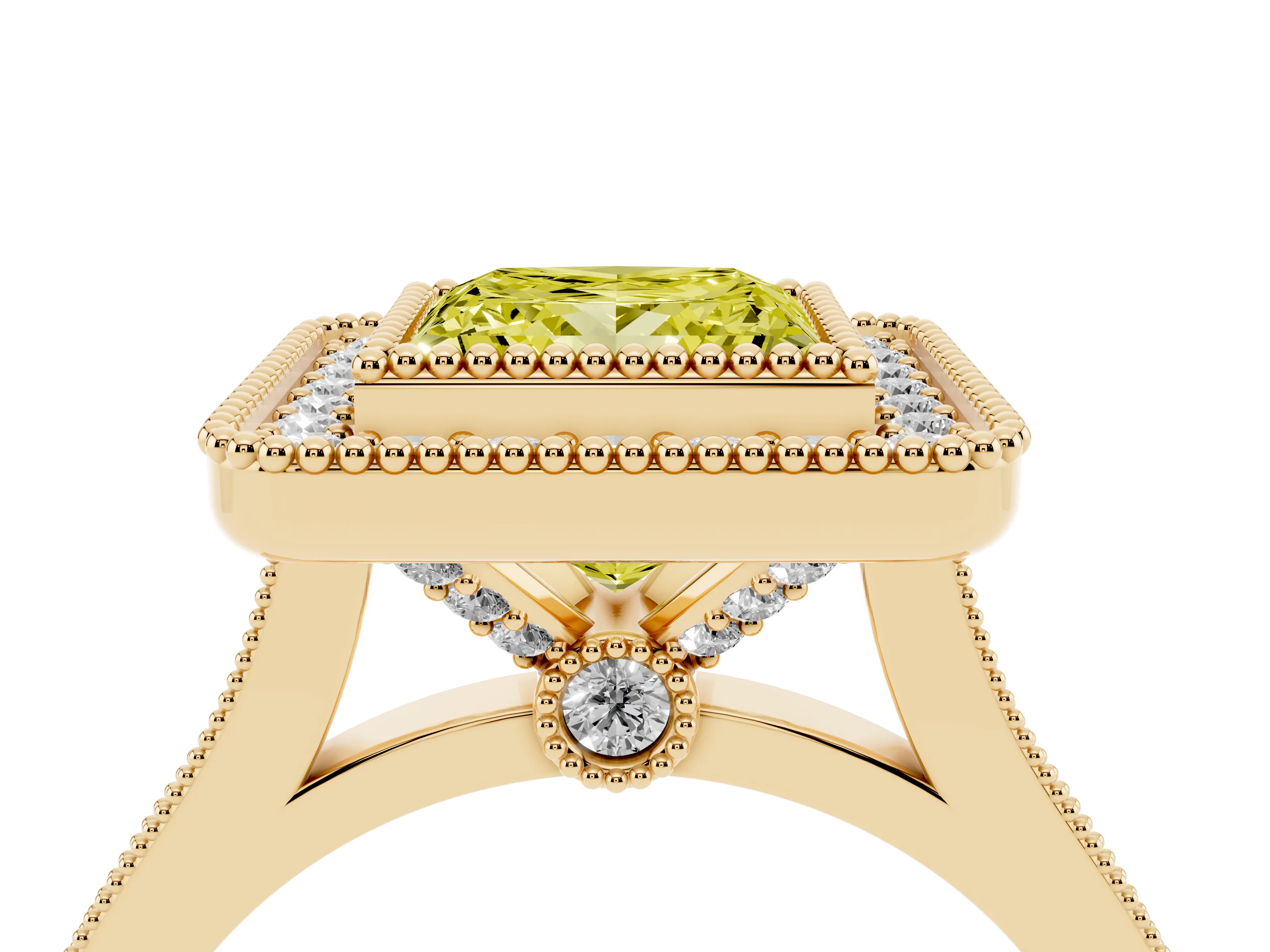 Fancy Yellow Princess Cut Diamond Halo Ring Set in Yellow gold with Milgrain Frame and Pavé Band