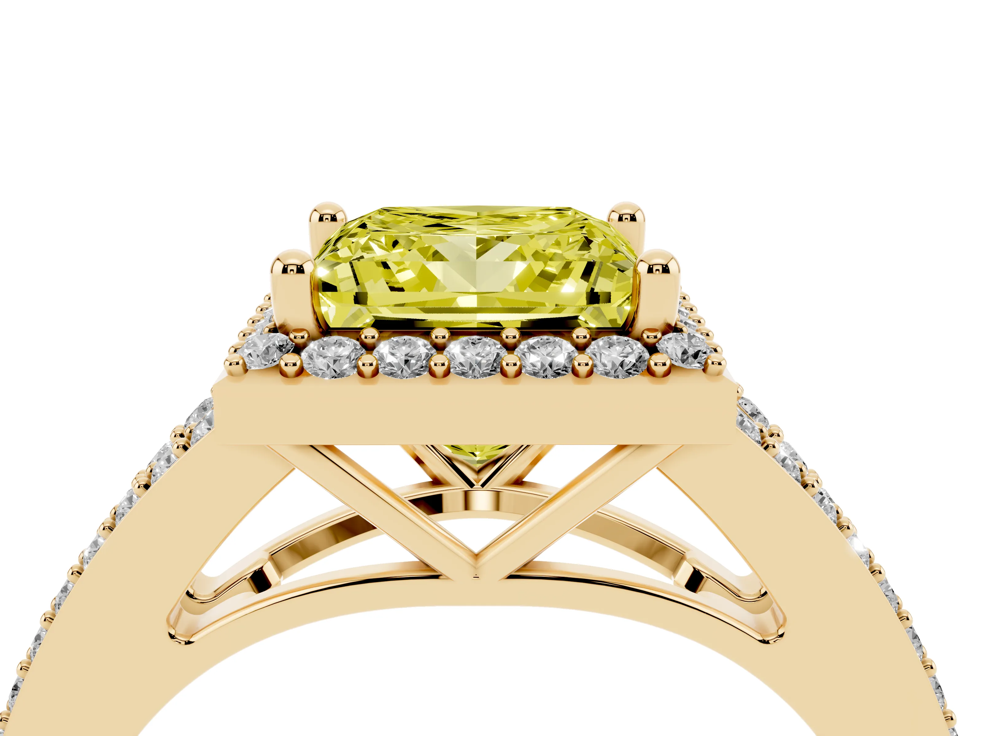 Fancy Yellow Princess Cut Diamond Halo Split Shank Pavé Ring Set in Yellow gold with Prong Setting