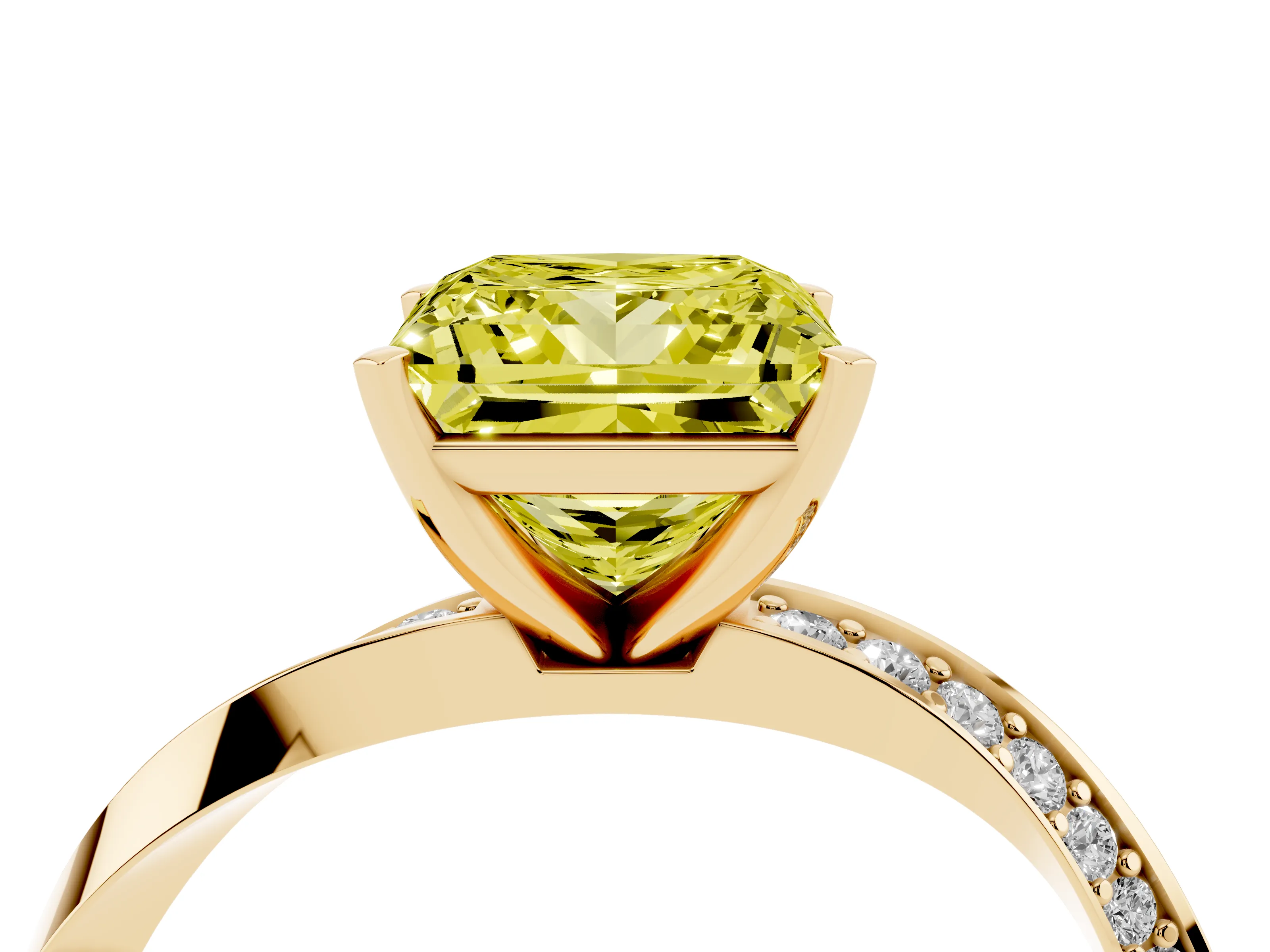 Fancy Yellow Princess Cut Diamond Engagement Ring Set in Yellow gold with Side Stone Accents and Prong Setting
