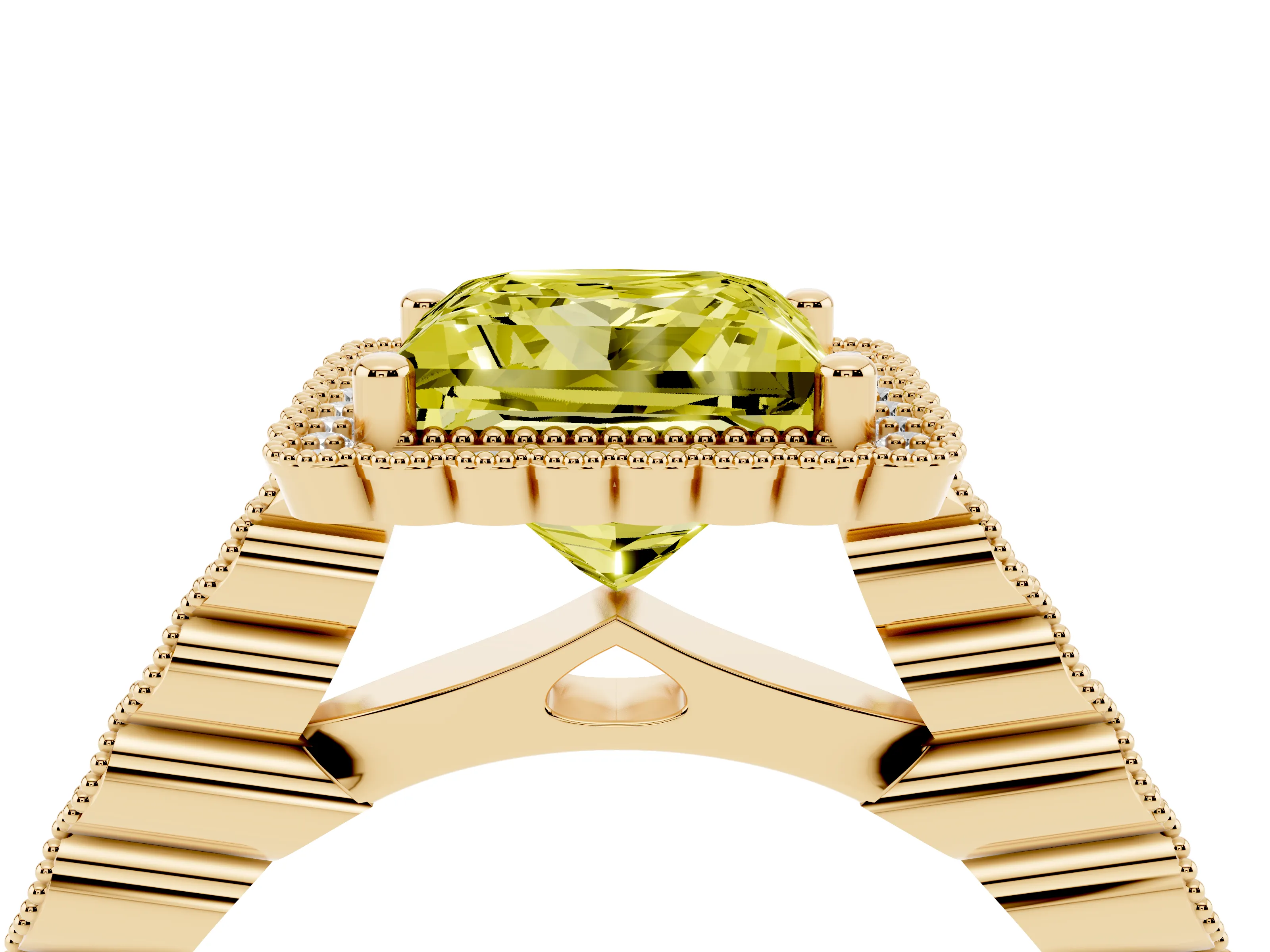 Fancy Yellow Princess Cut Diamond Halo Ring Set in Yellow gold with Pavé Milgrain Band