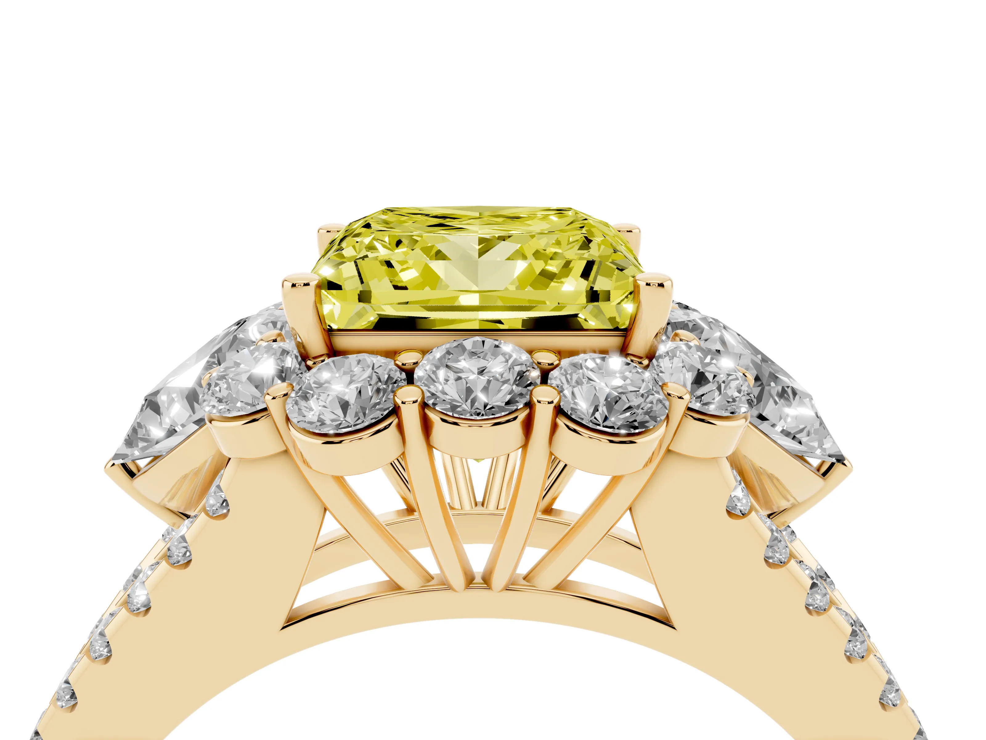 Fancy Yellow Princess Cut Diamond Halo Split Shank Engagement Ring Set in Yellow gold with Prong-Held Center Stone