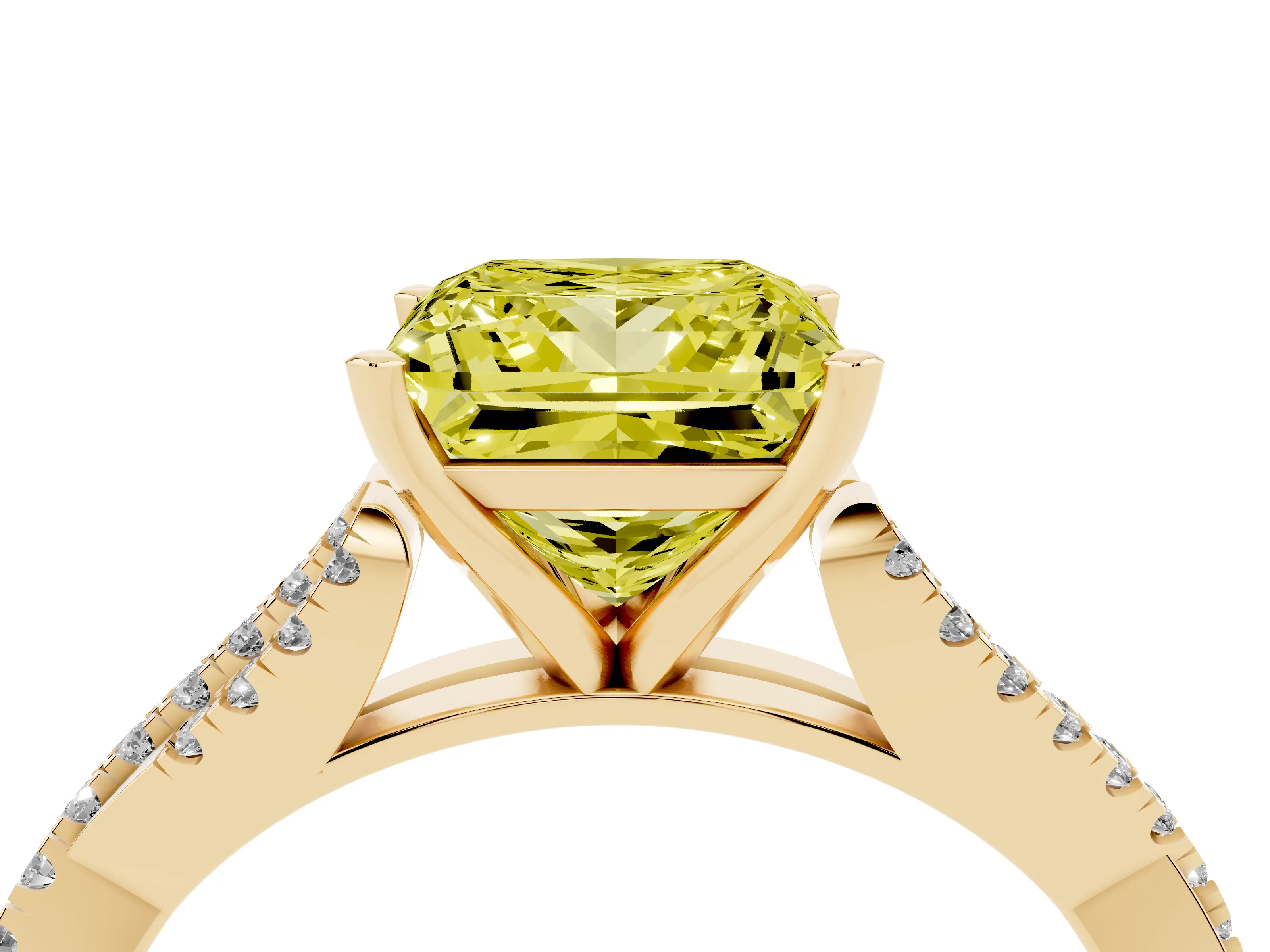 Fancy Yellow Princess Cut Diamond Solitaire Engagement Ring Set in Yellow gold with Twisted Pavé Band and Prong Setting