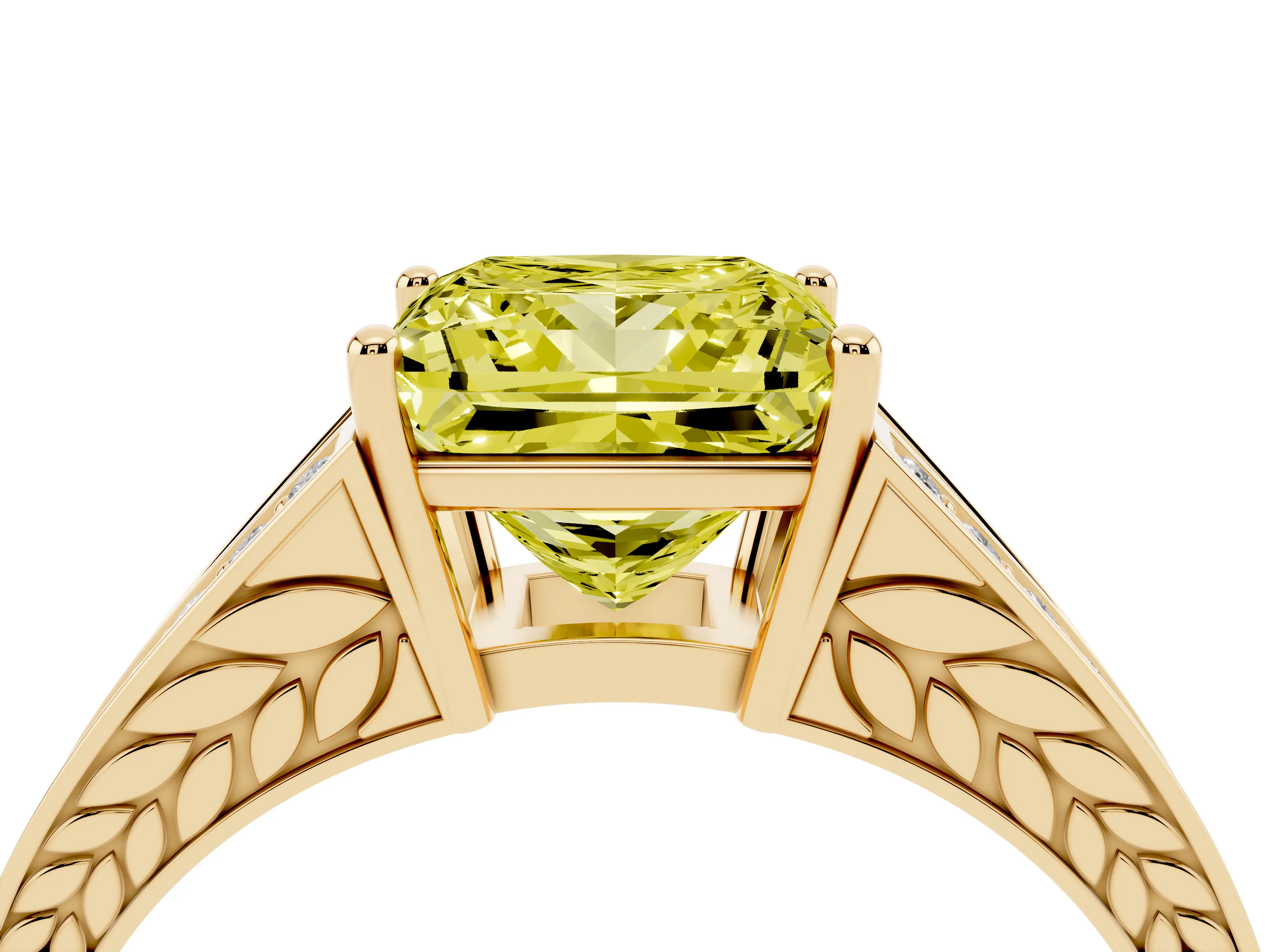 Fancy Yellow Princess Cut Diamond Split Shank Ring Set in Yellow gold with Pavé Band and Prong Setting
