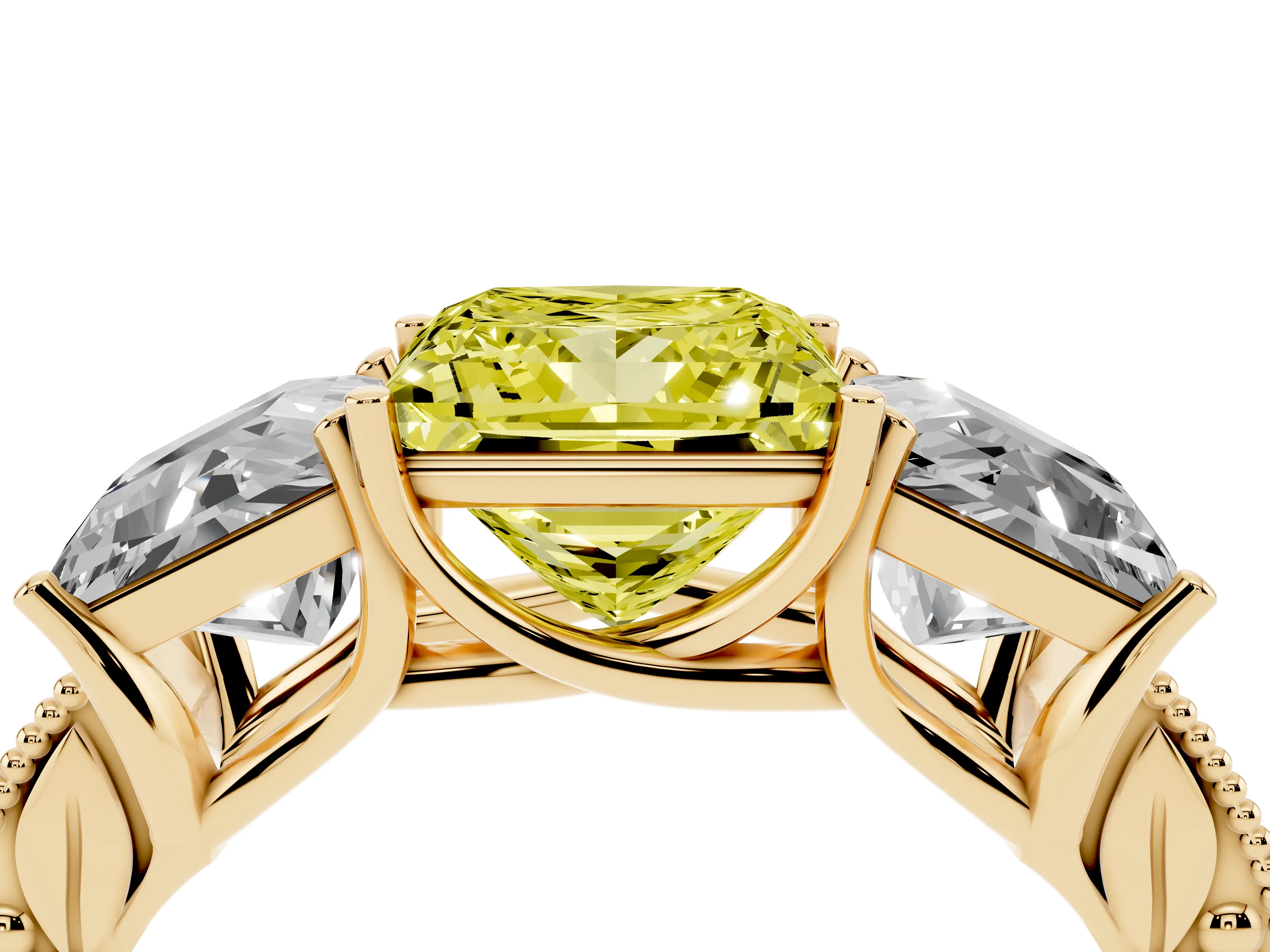 Fancy Yellow Princess Cut Diamond Three-Stone Engagement Ring Set in Yellow gold with Milgrain Pavé Band