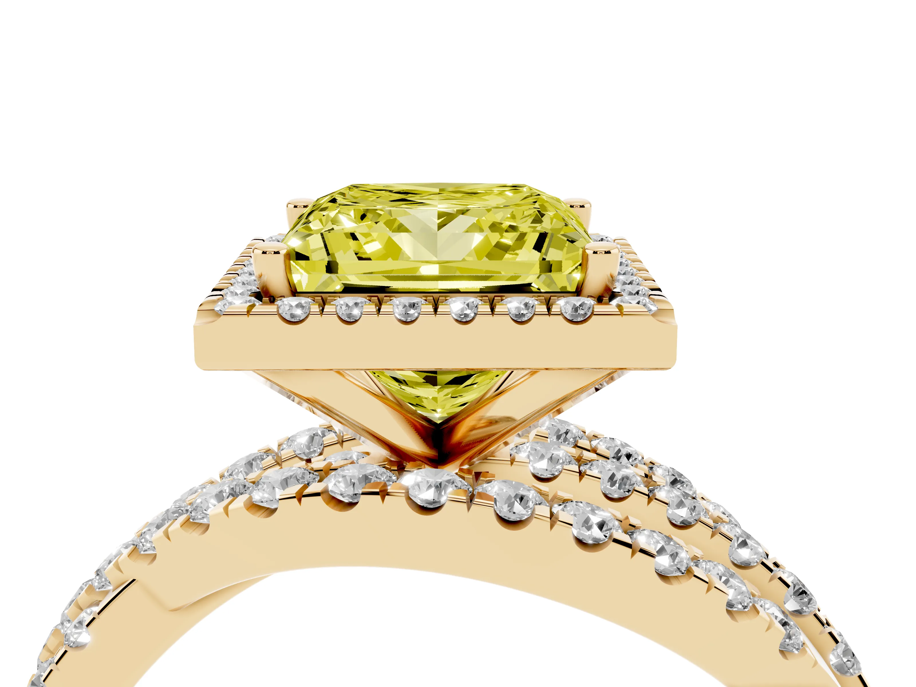 Fancy Yellow Princess Cut Diamond Halo Ring Set in Yellow gold with Round Crossover Split Shank and Prong Setting