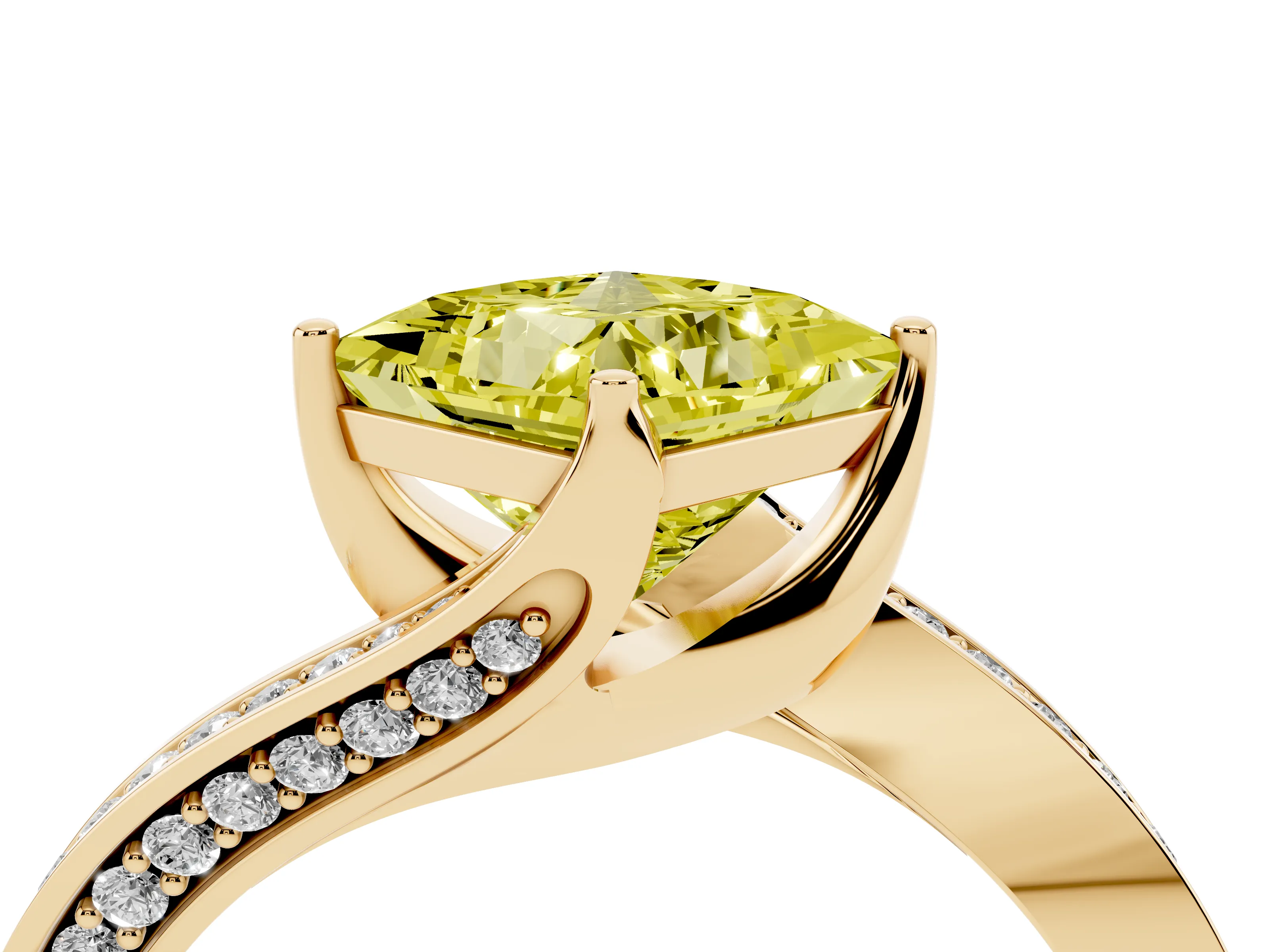 Fancy Yellow Princess Cut Diamond Solitaire Ring Set in Yellow gold with Intertwined Pavé Twist Band