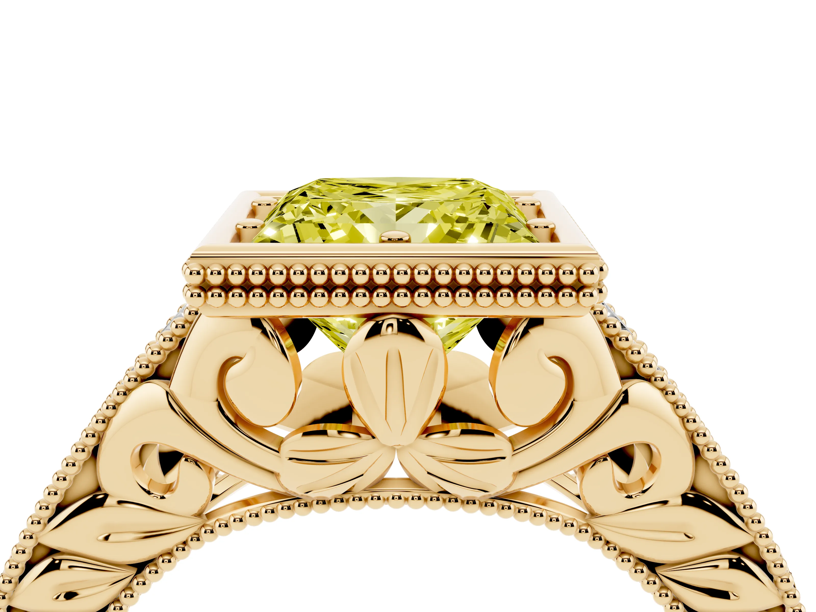 Fancy Yellow Bezel Set Princess Cut Diamond Milgrain Pavé Engagement Ring Set in Yellow gold