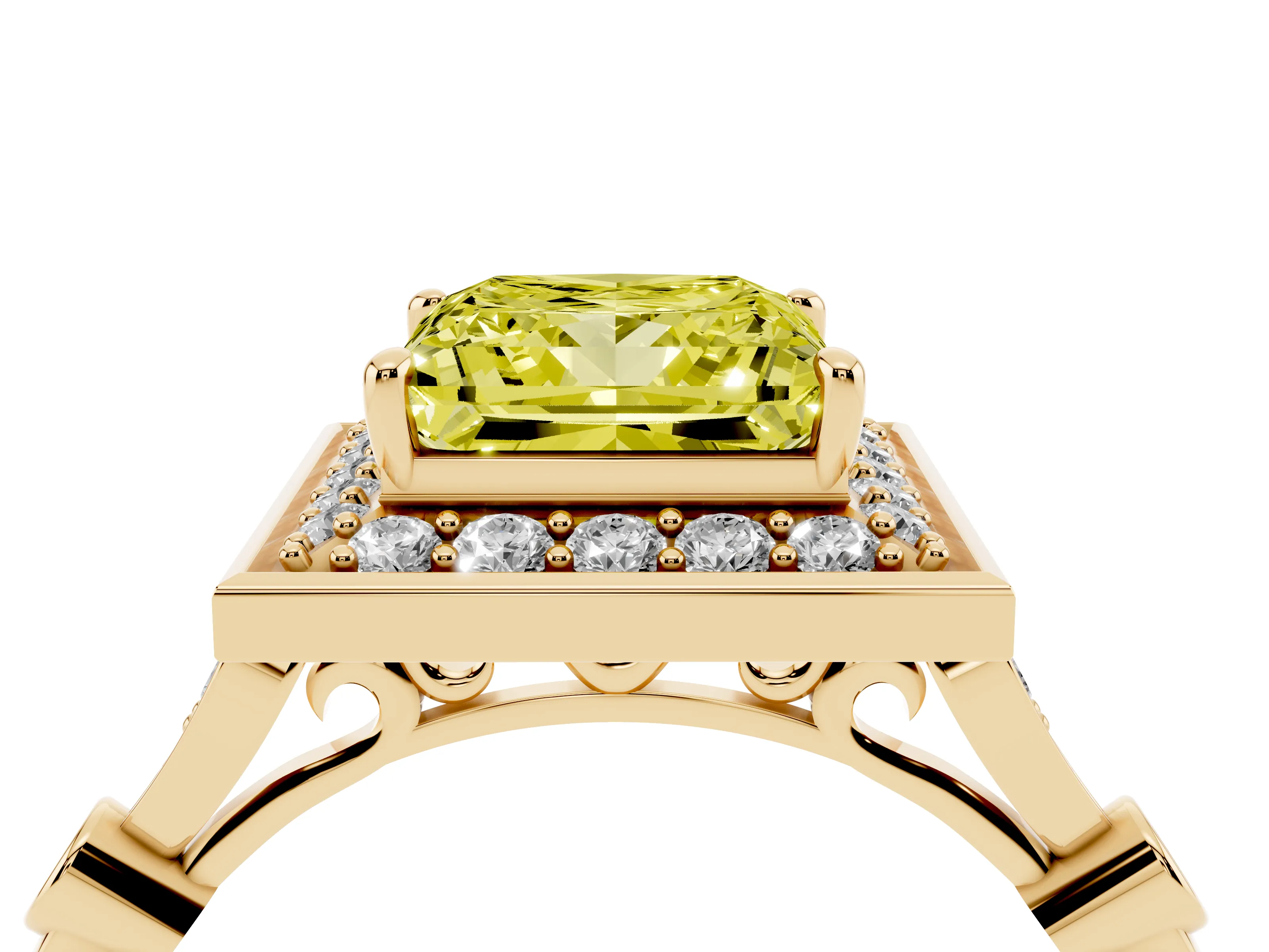Fancy Yellow Princess Cut Diamond Halo Engagement Ring Set in Yellow gold with Twisted Band and Prong Setting