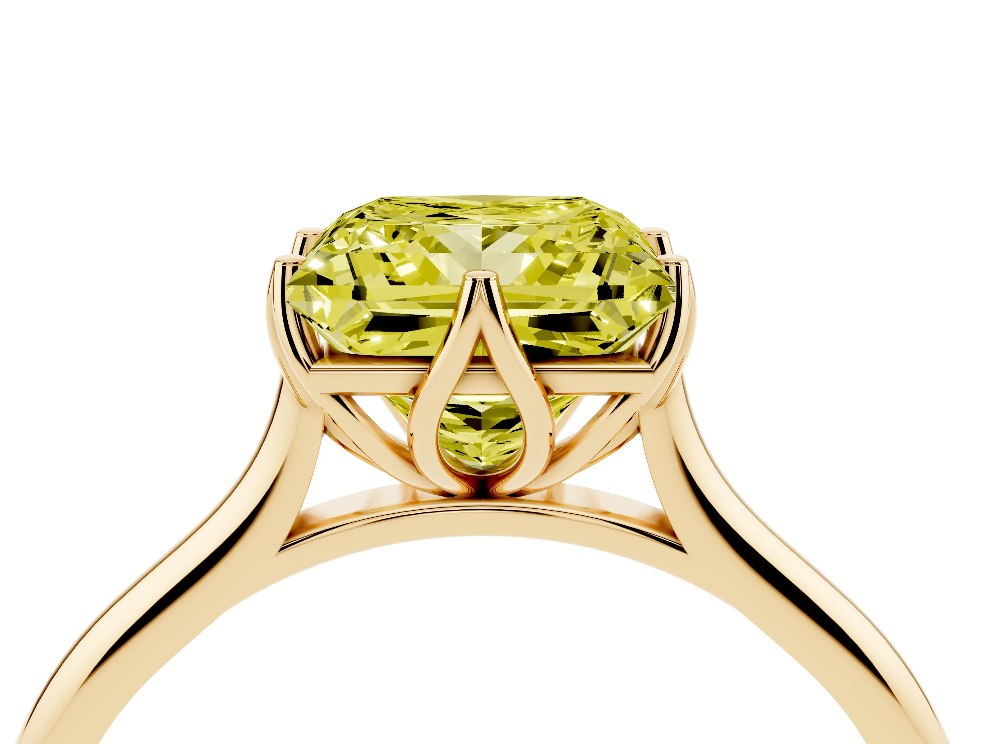 Fancy Yellow Princess Cut Diamond Solitaire Cathedral Ring Set in Yellow gold with Prong Setting