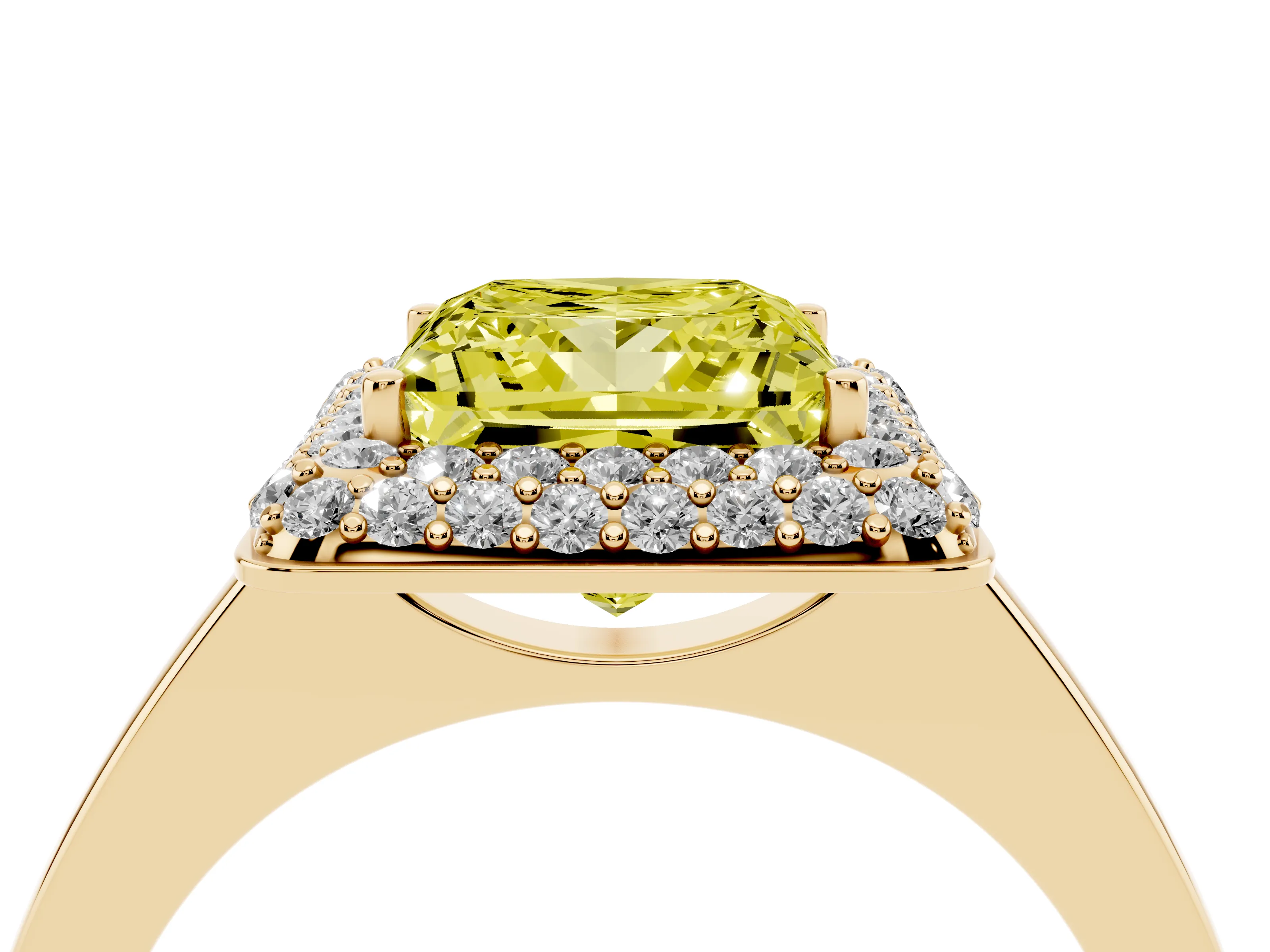 Fancy Yellow Princess Cut Diamond Halo Engagement Ring Set in Yellow gold with Solitaire Band and Prong Setting