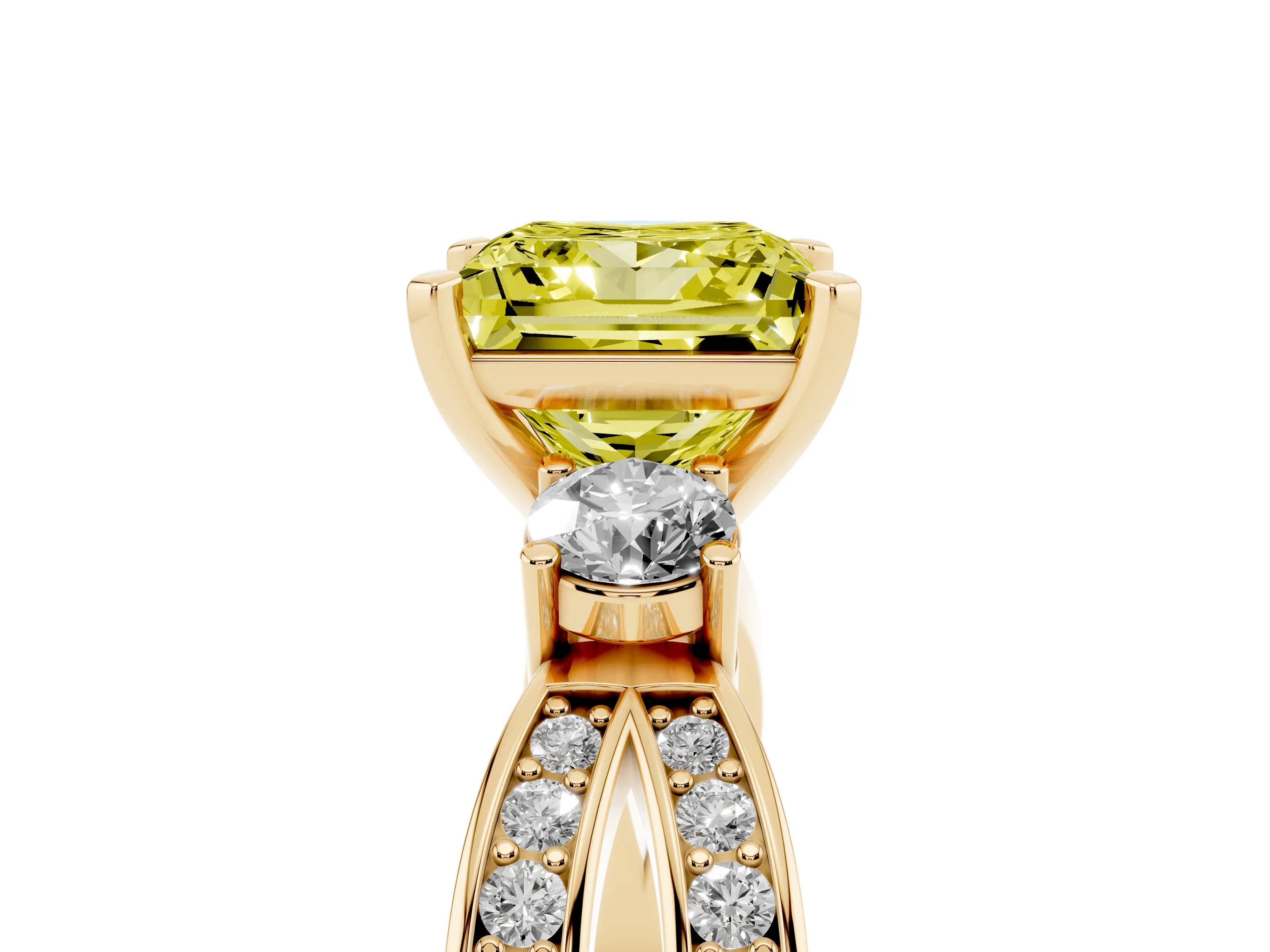 Fancy Yellow Three-Stone Princess Cut Diamond Twist Band Ring Set in Yellow gold with Pavé Accents and Prong Setting