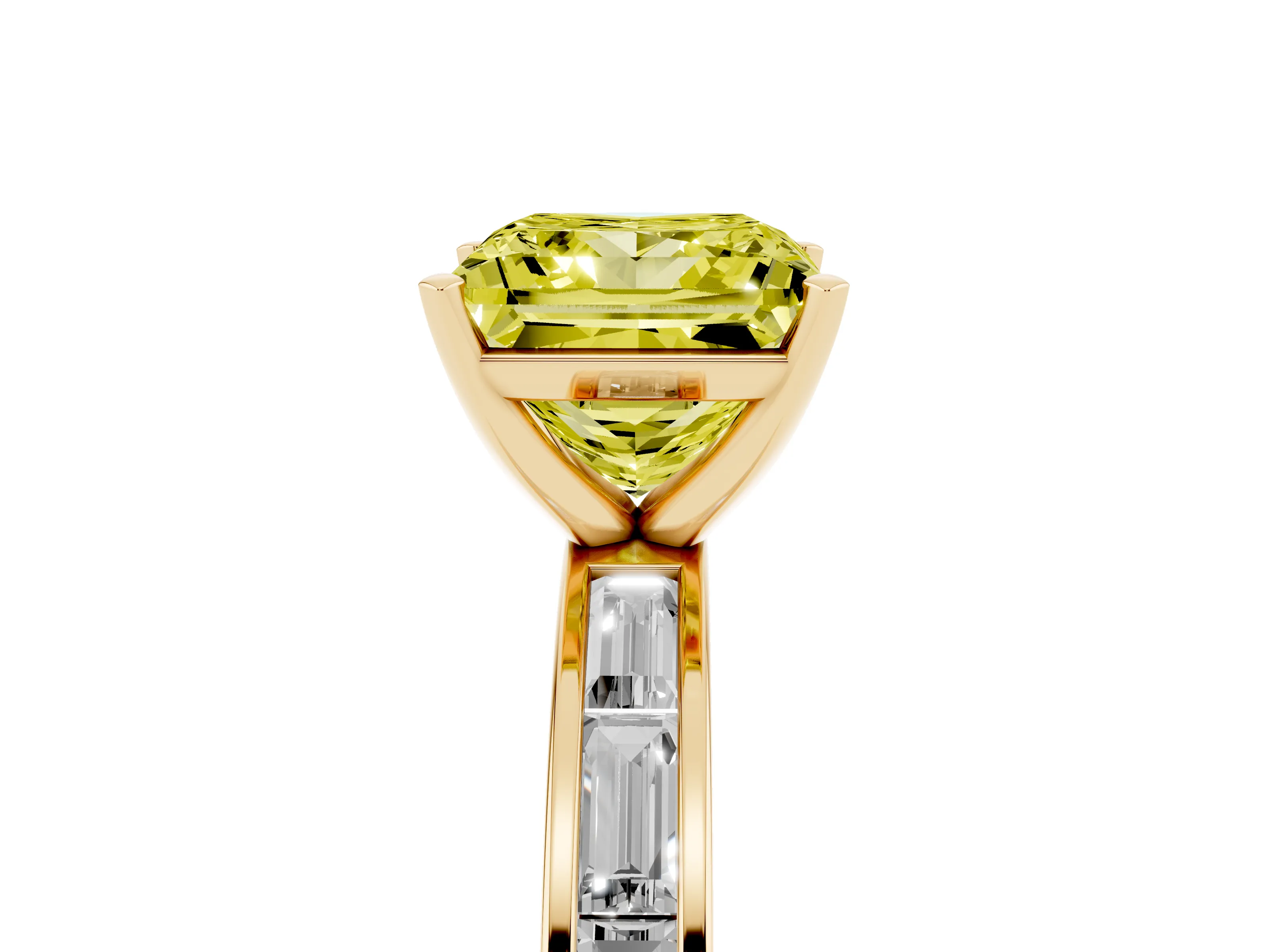 Fancy Yellow Princess Cut Diamond Solitaire Ring Set in Yellow gold with Channel-Set Baguette Band and Prong Setting