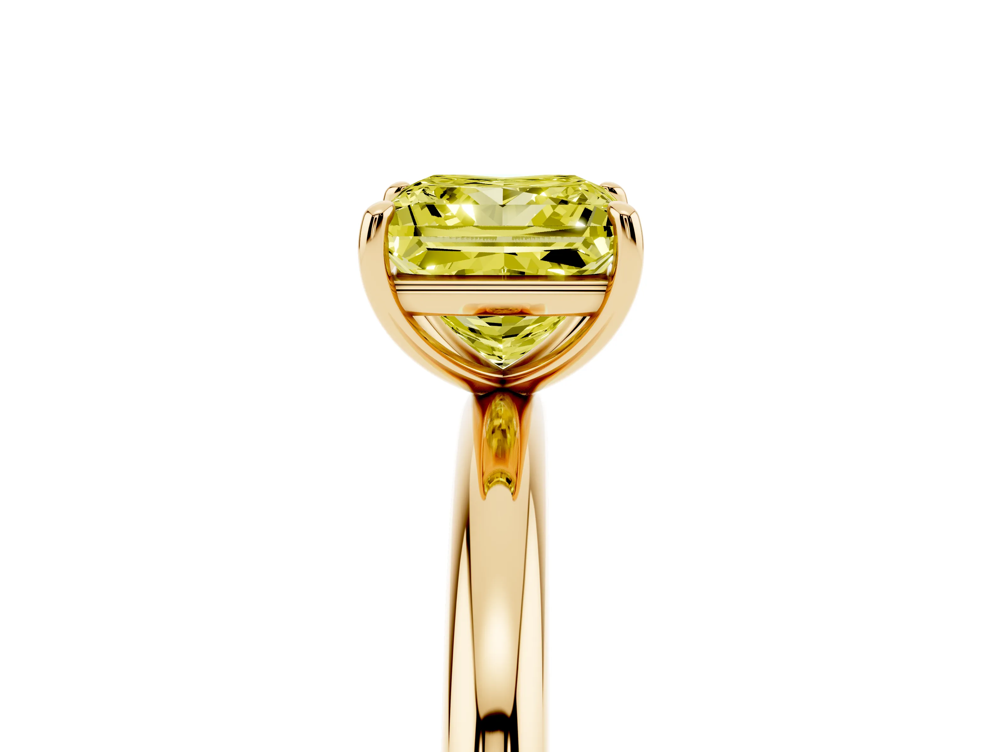 Fancy Yellow Princess Cut Diamond Solitaire Ring Set in Yellow gold with Prong Setting on a Polished Plain Band