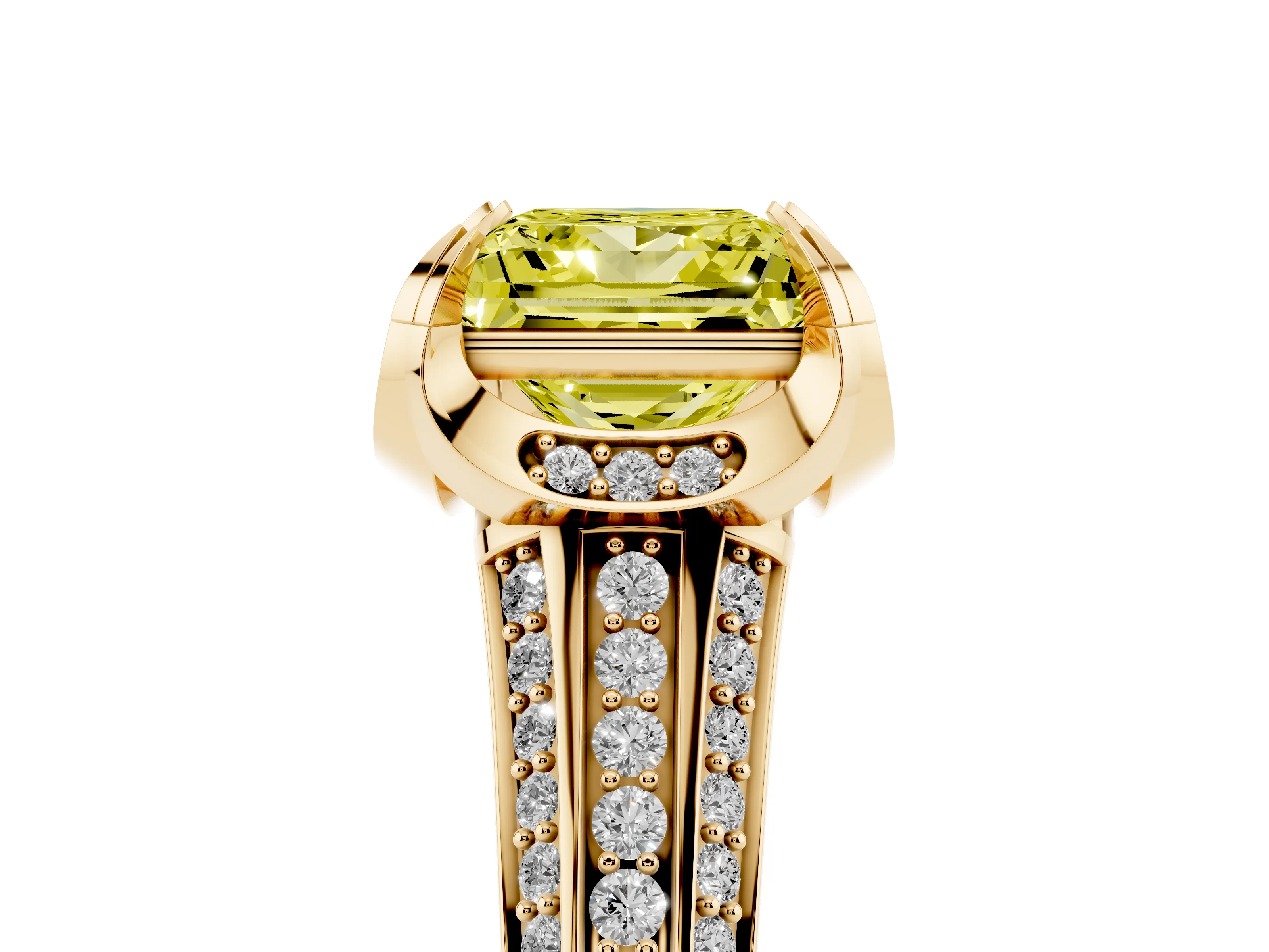 Fancy Yellow Princess Cut Diamond Pavé Split Shank Solitaire Ring Set in Yellow gold with Prong Setting