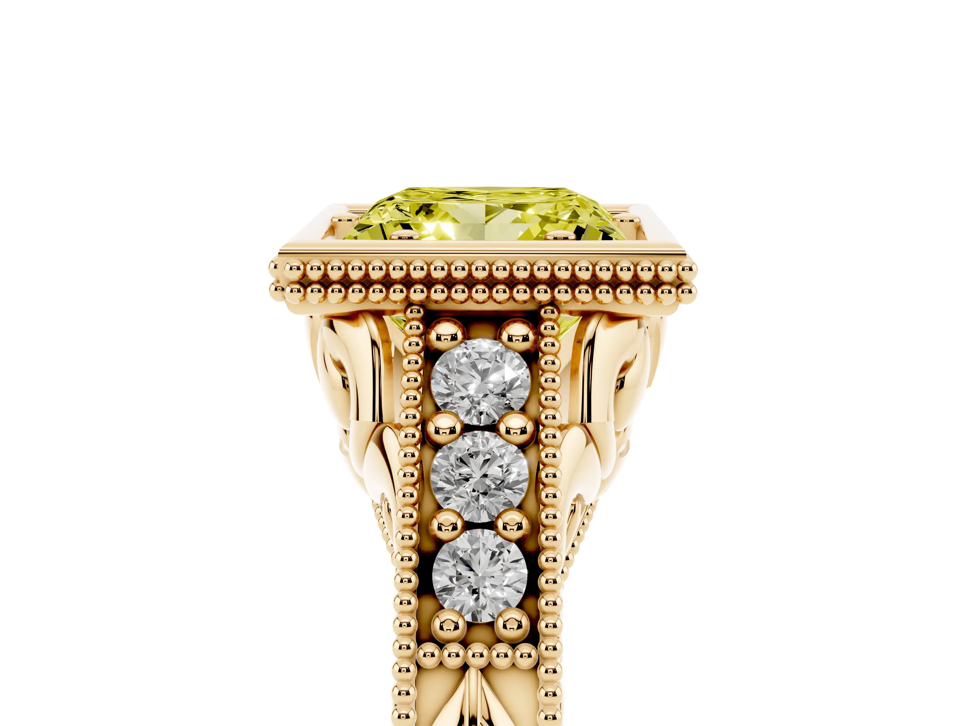 Fancy Yellow Bezel Set Princess Cut Diamond Milgrain Pavé Engagement Ring Set in Yellow gold