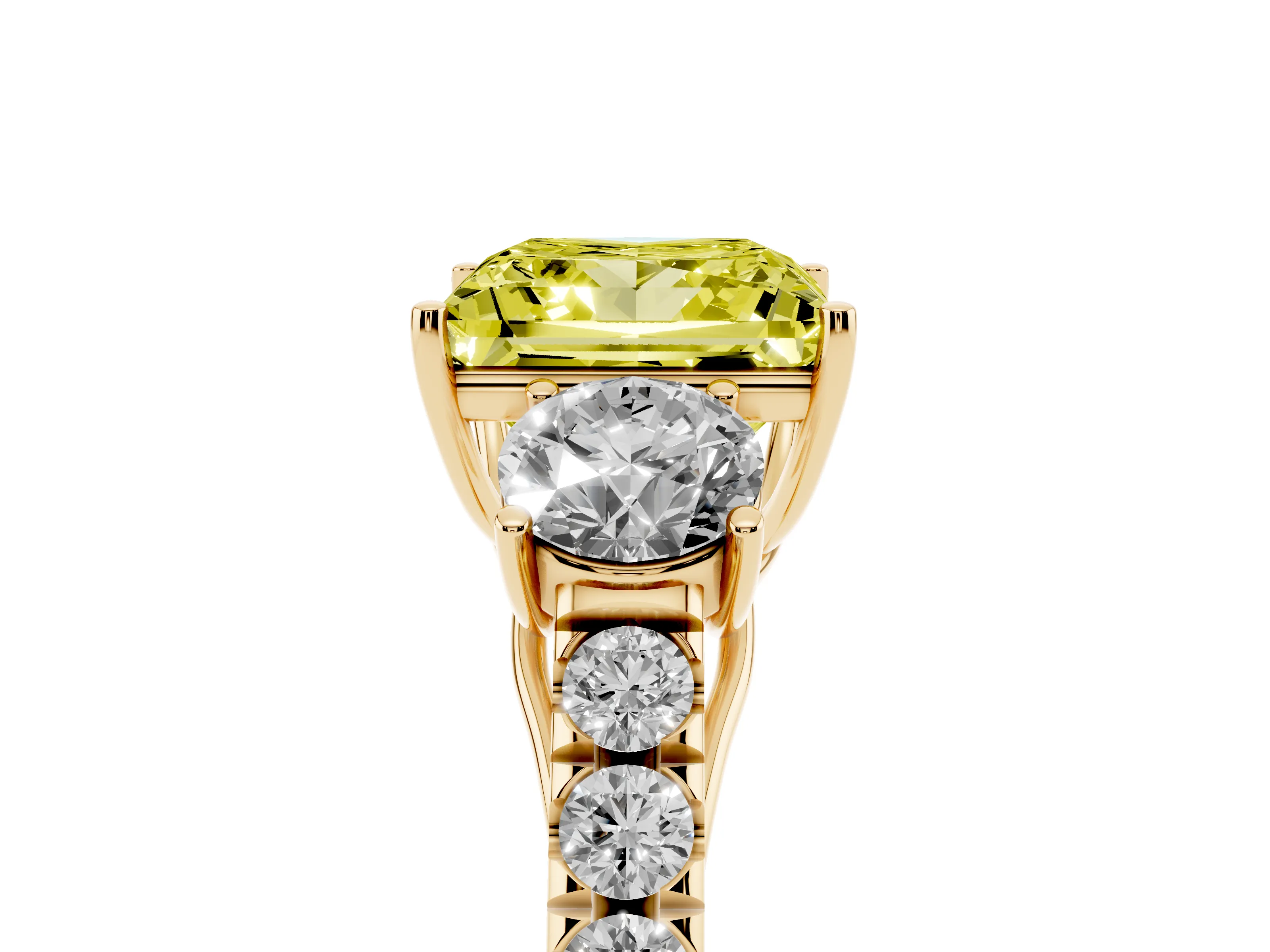 Fancy Yellow Princess Cut Diamond Three-Stone Ring Set in Yellow gold with Round Side Stones and Delicate Pavé Band