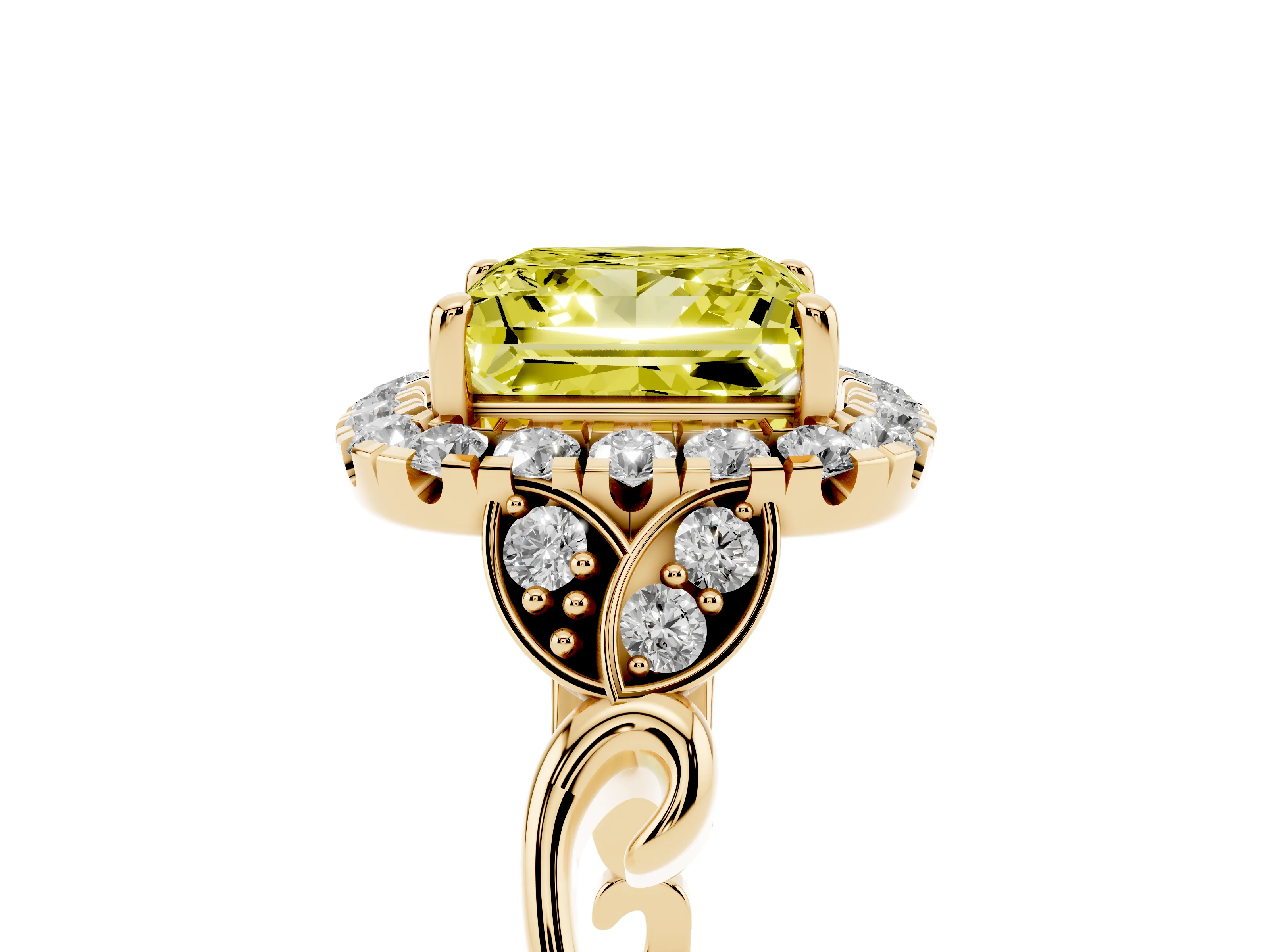 Fancy Yellow Princess Cut Diamond Halo Engagement Ring Set in Yellow gold with Vintage-Inspired Band and Prong Setting