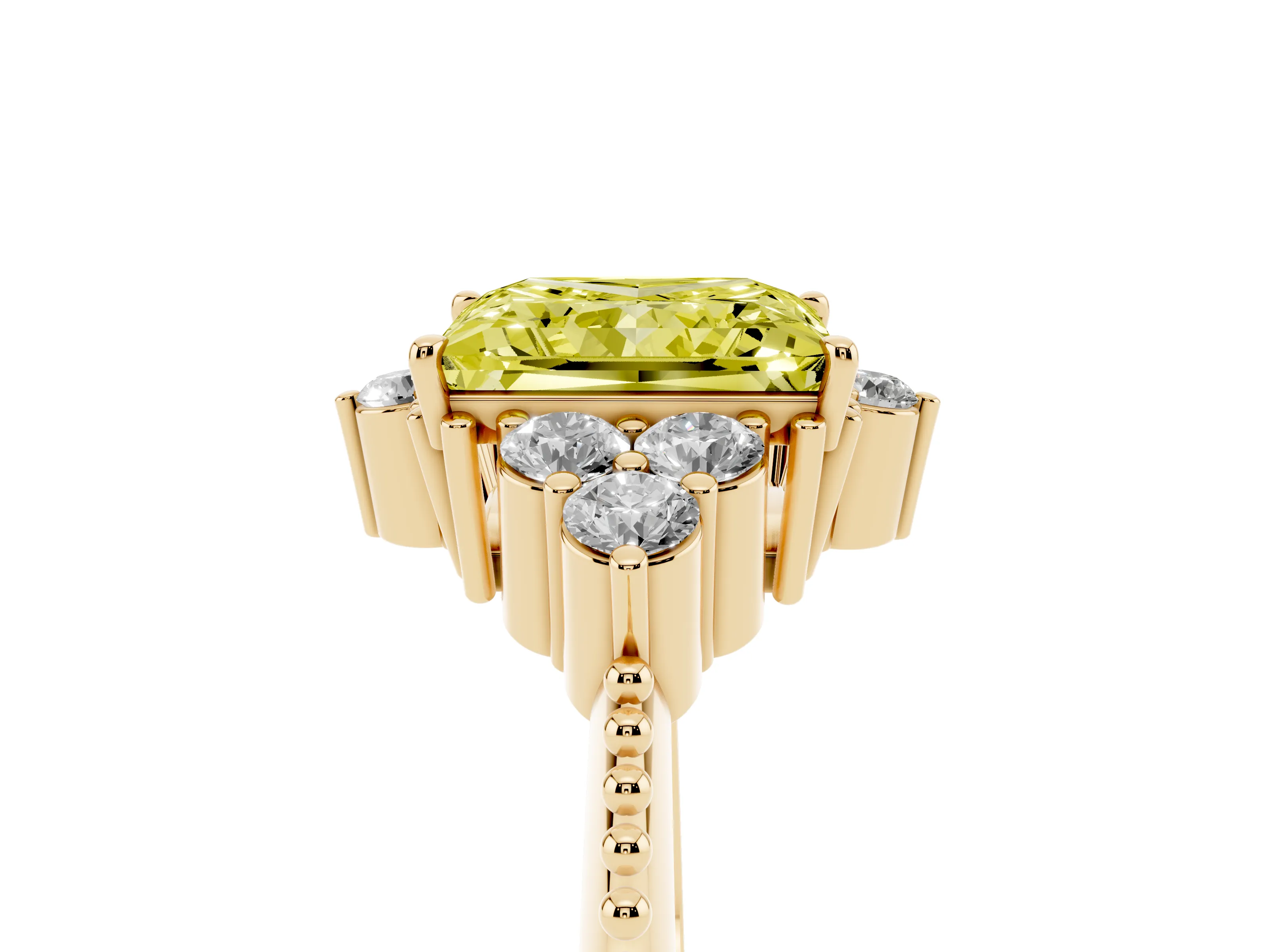Fancy Yellow Princess Cut Diamond Cluster Ring Set in Yellow gold with Beaded Band