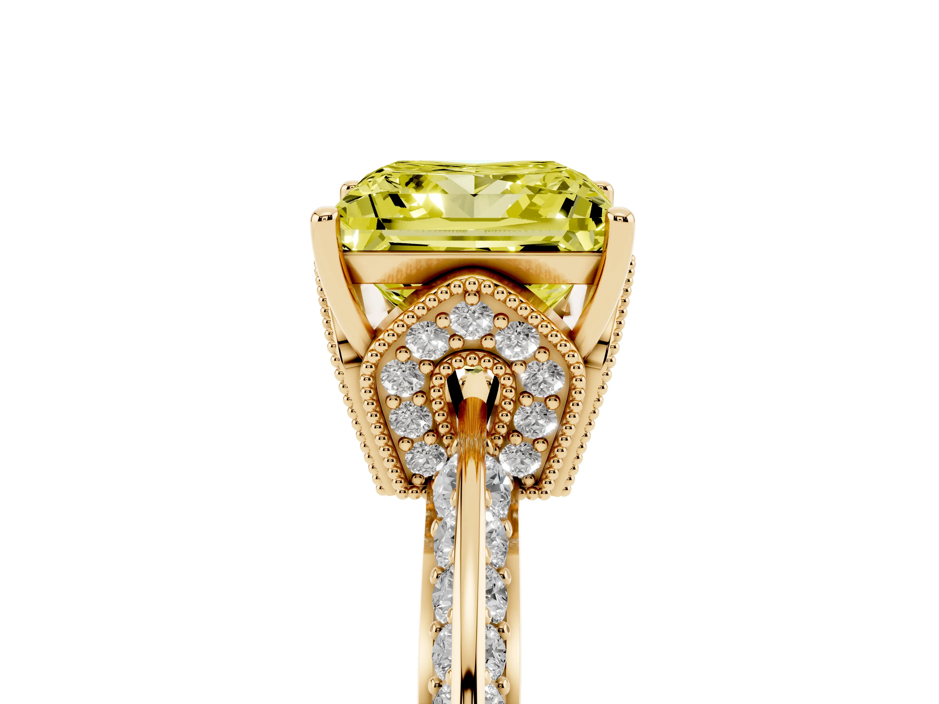 Fancy Yellow Princess Cut Diamond Solitaire Engagement Ring Set in Yellow gold with Pavé Split Shank and Prong Setting