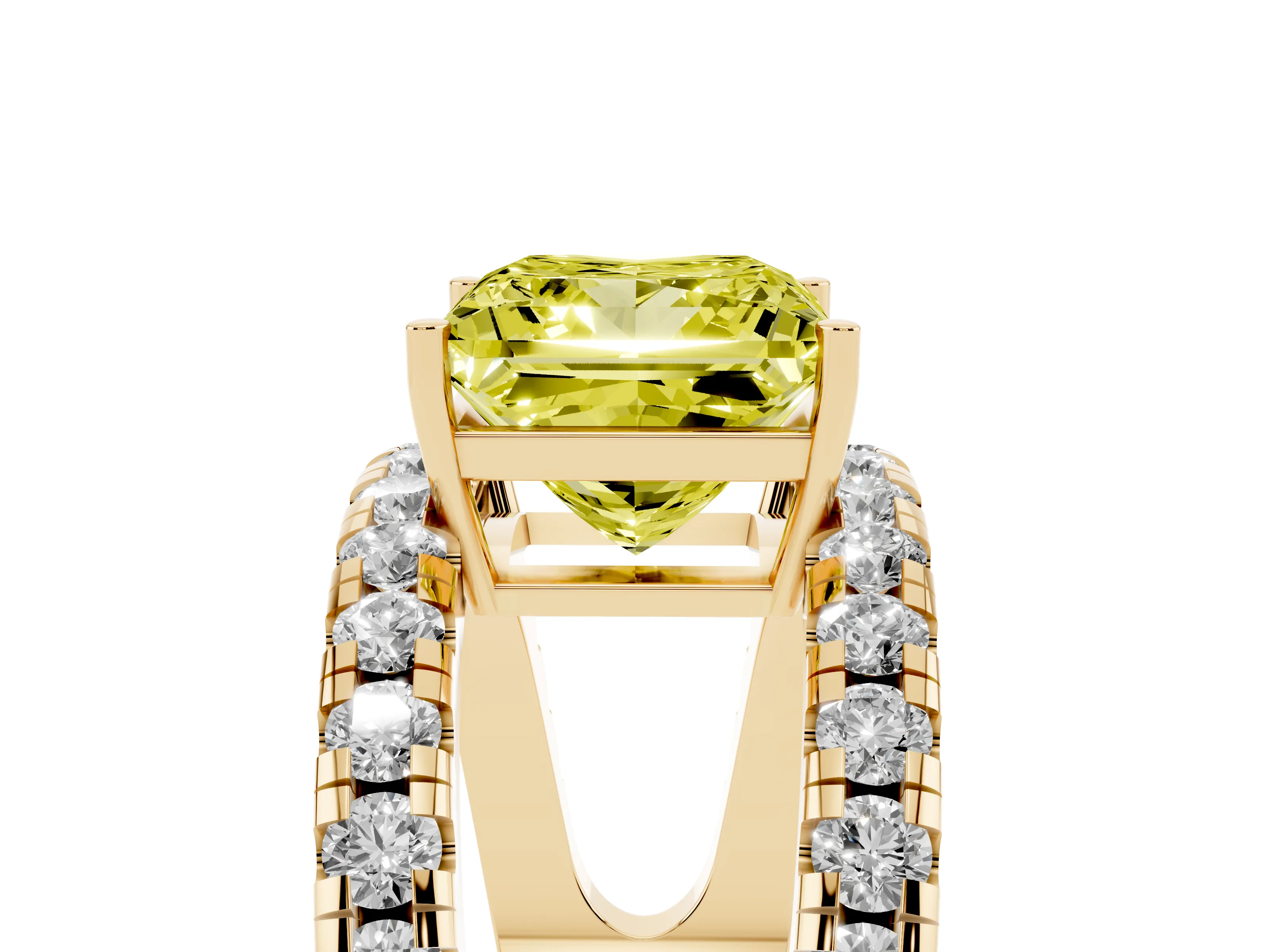 Fancy Yellow Princess Cut Diamond Split Shank Pavé Solitaire Ring Set in Yellow gold with Open Shank Design