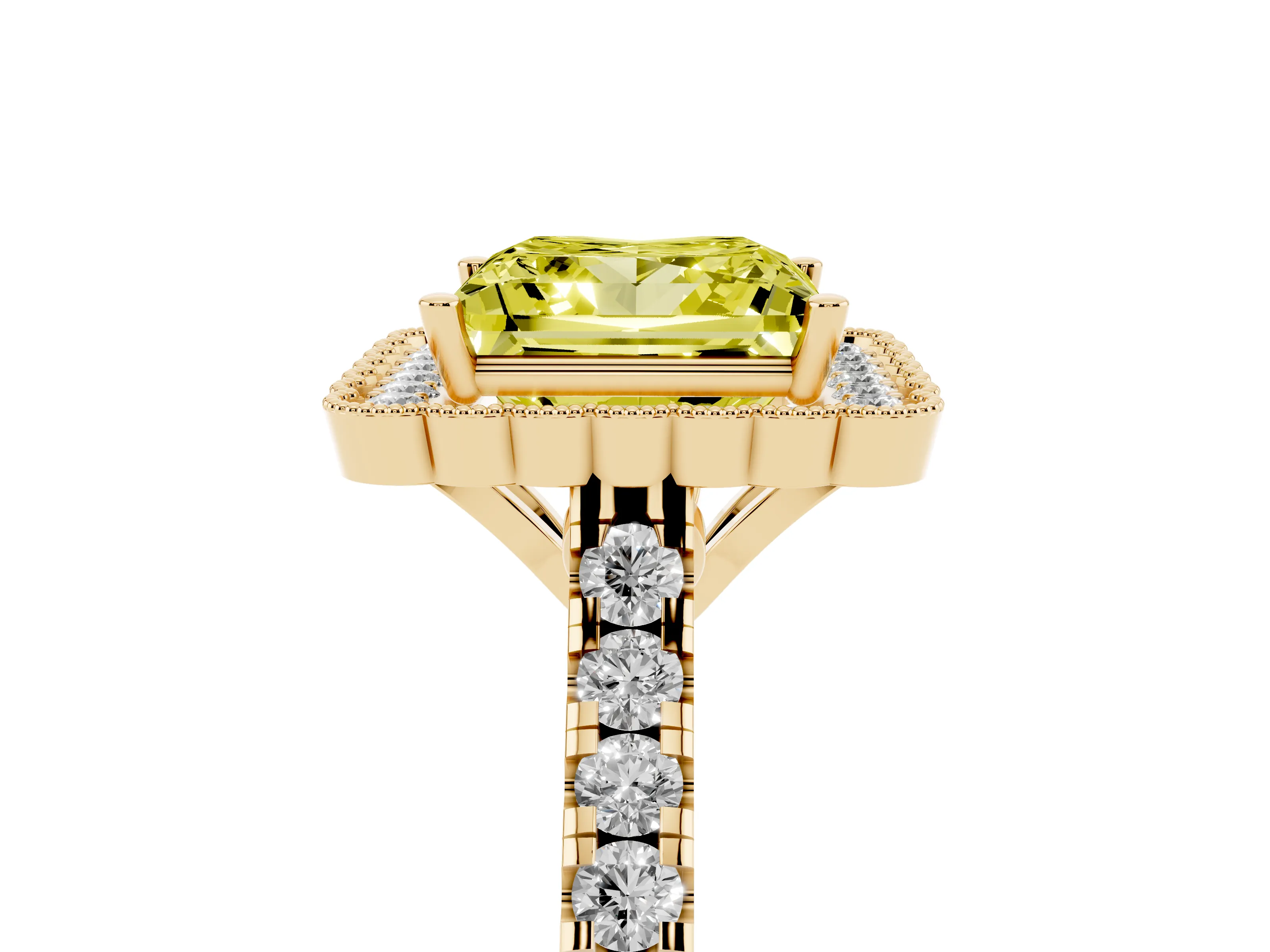 Fancy Yellow Princess Cut Diamond Milgrain Floral Halo Engagement Ring Set in Yellow gold with Pavé Band