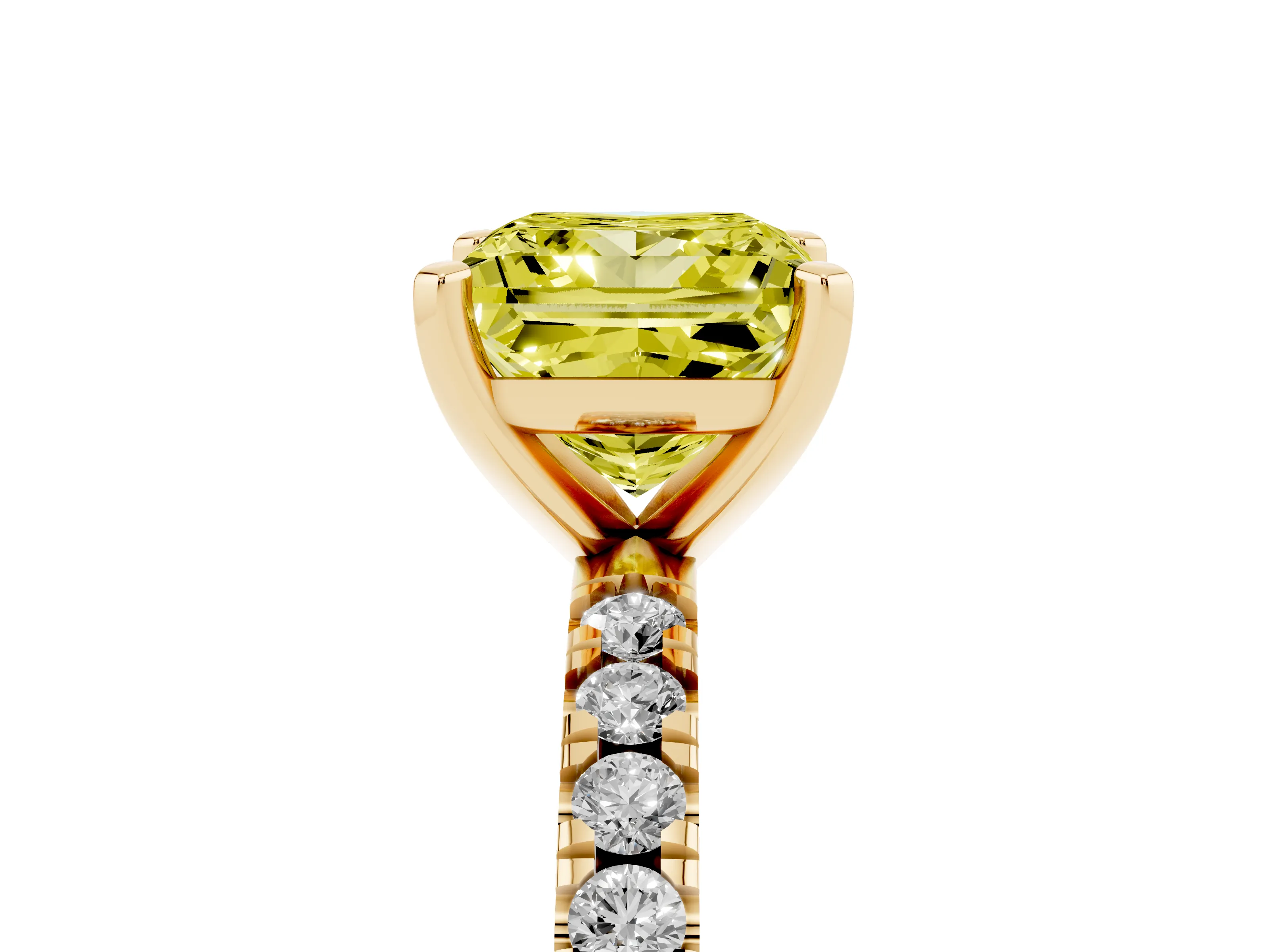 Fancy Yellow Princess Cut Diamond Pavé Band Solitaire Set in Yellow gold with Prong Setting