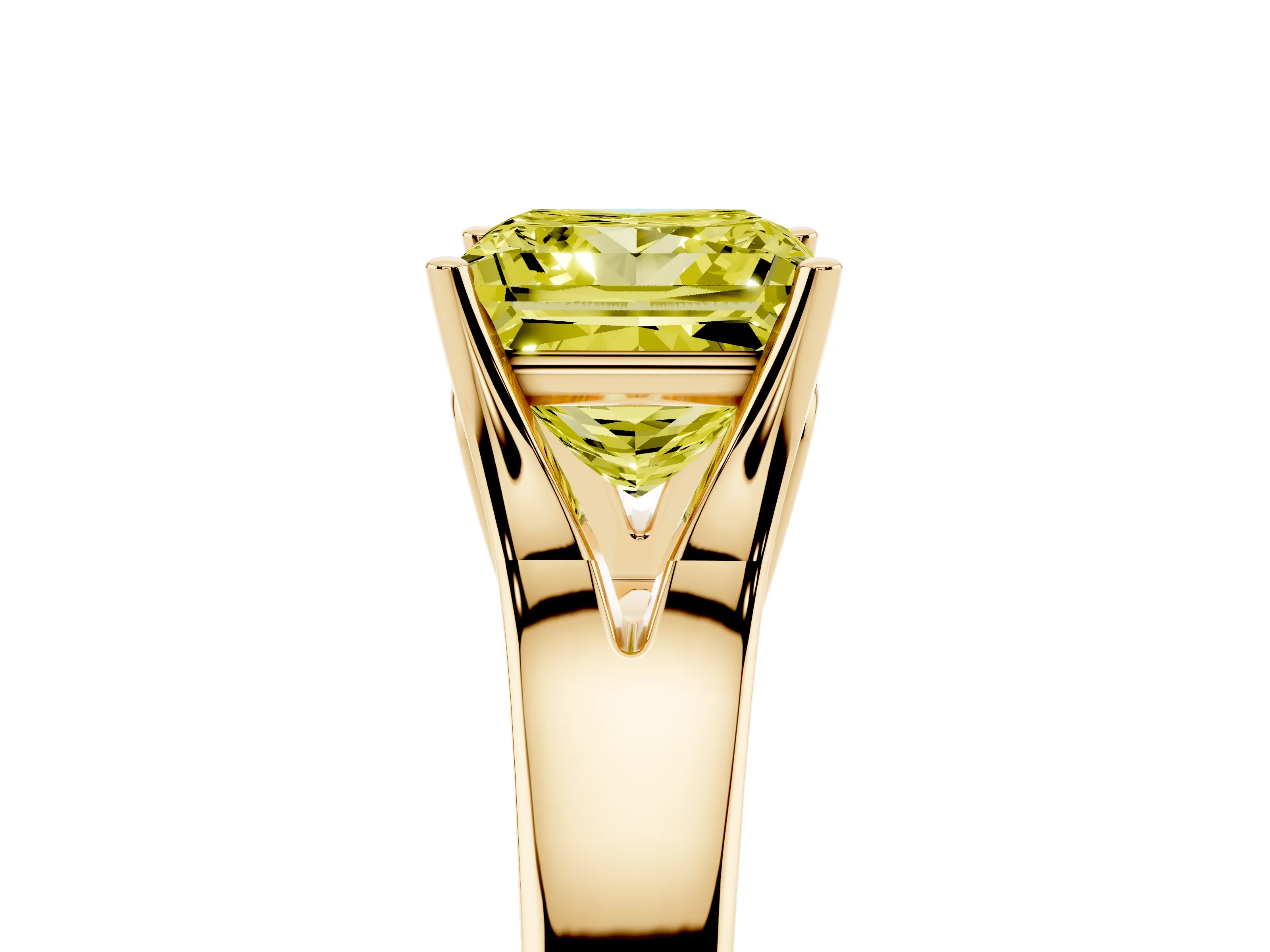 Fancy Yellow Princess Cut Diamond Solitaire Ring Set in Yellow gold with Arched Cathedral Band and Prong Setting