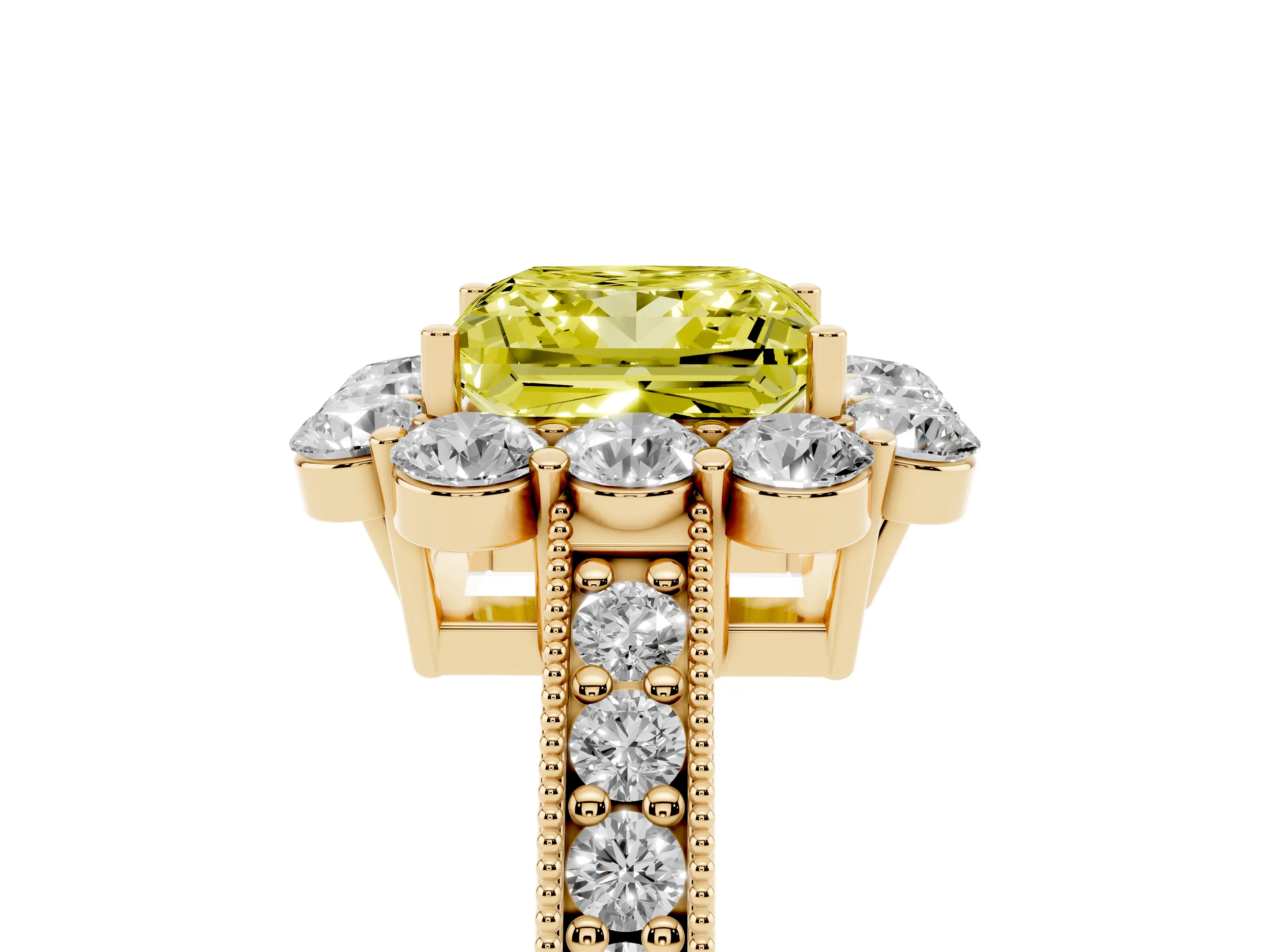 Fancy Yellow Princess Cut Diamond Halo Pavé Engagement Ring Set in Yellow gold with Milgrain Detailing