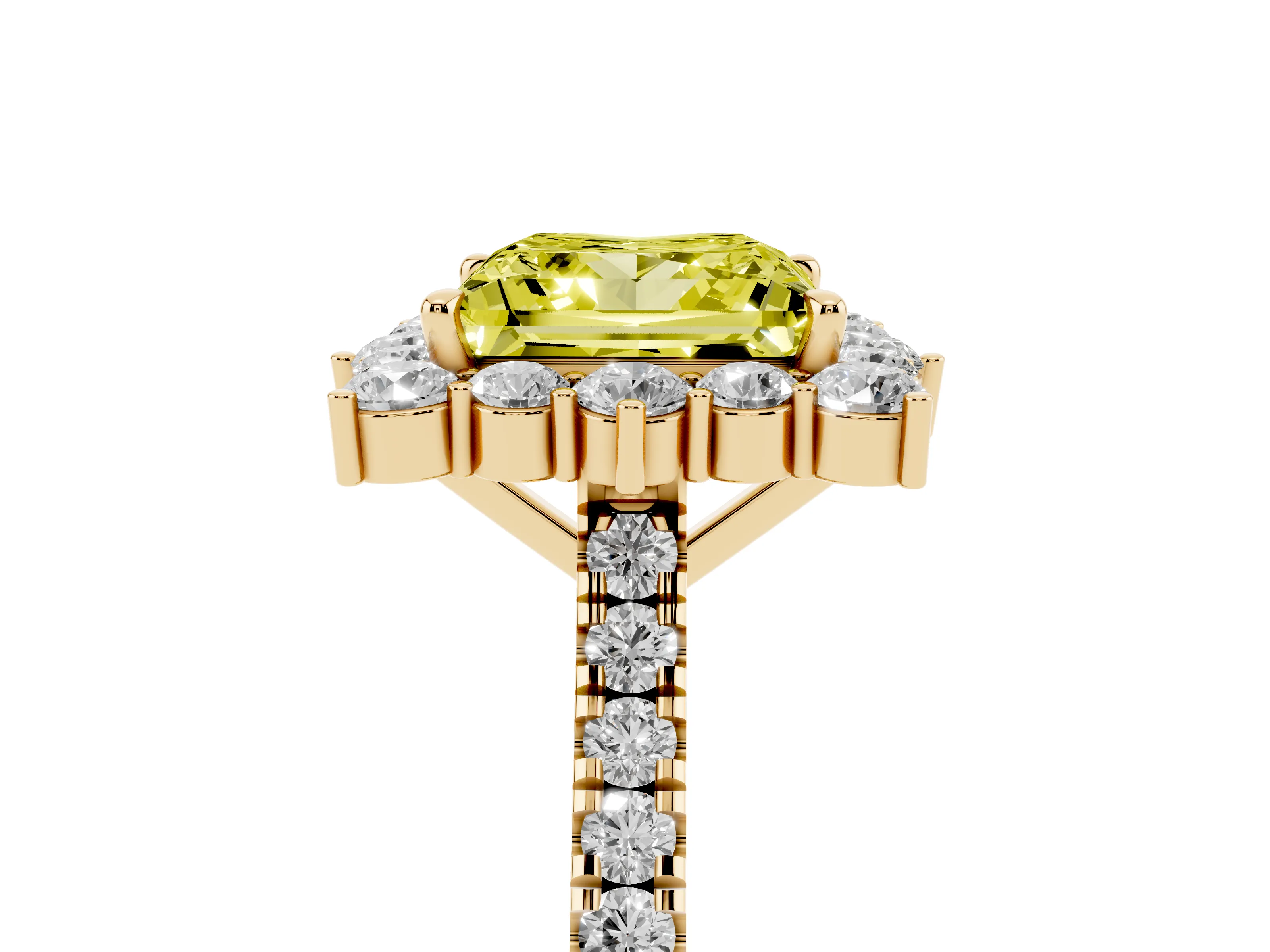Fancy Yellow Princess Cut Diamond Halo Ring Set in Yellow gold with Pavé Band and Prong Setting