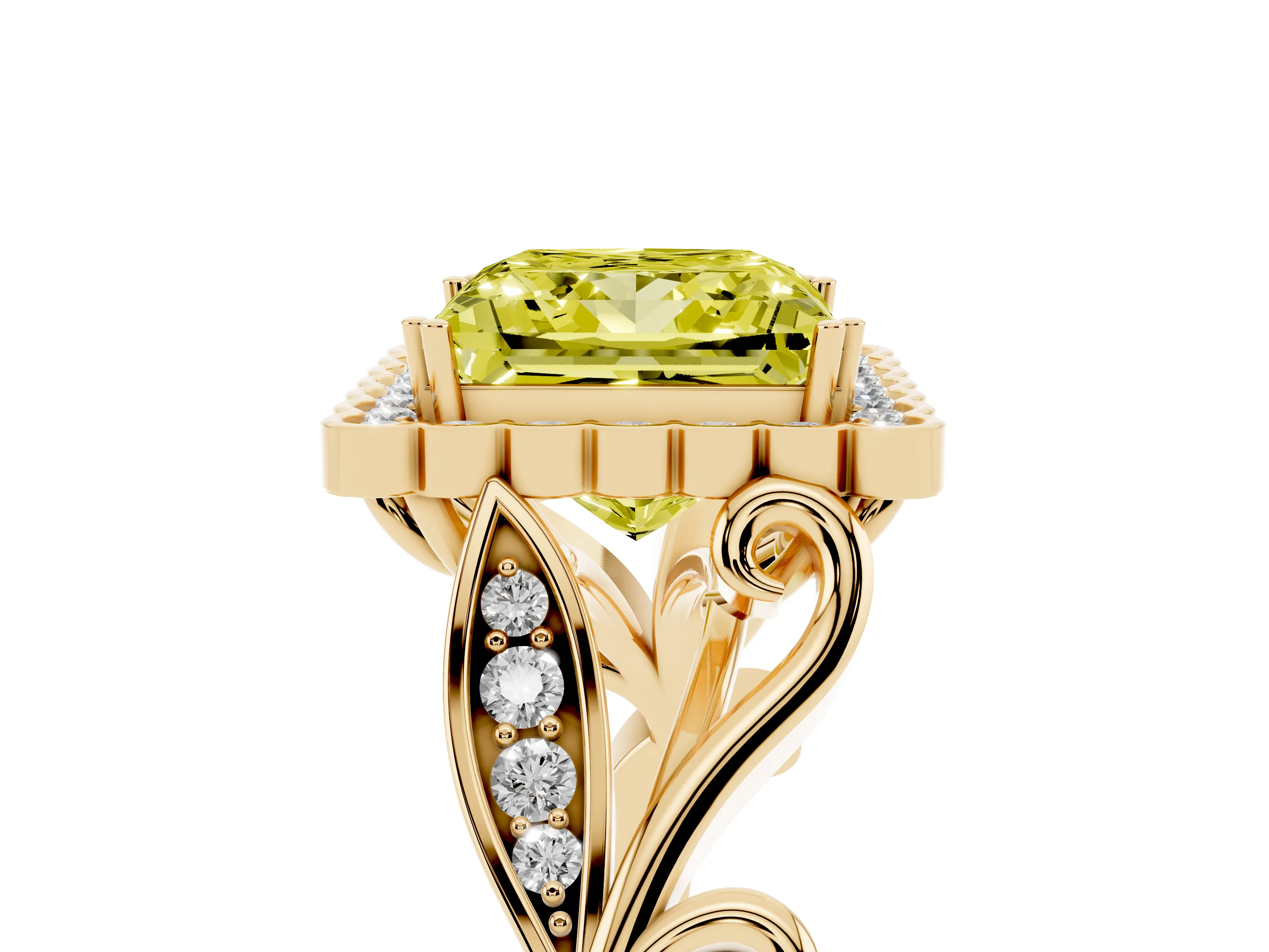 Fancy Yellow Princess Cut Diamond Halo Ring Set in Yellow gold with Leaf Motif Split Shank and Prong Setting