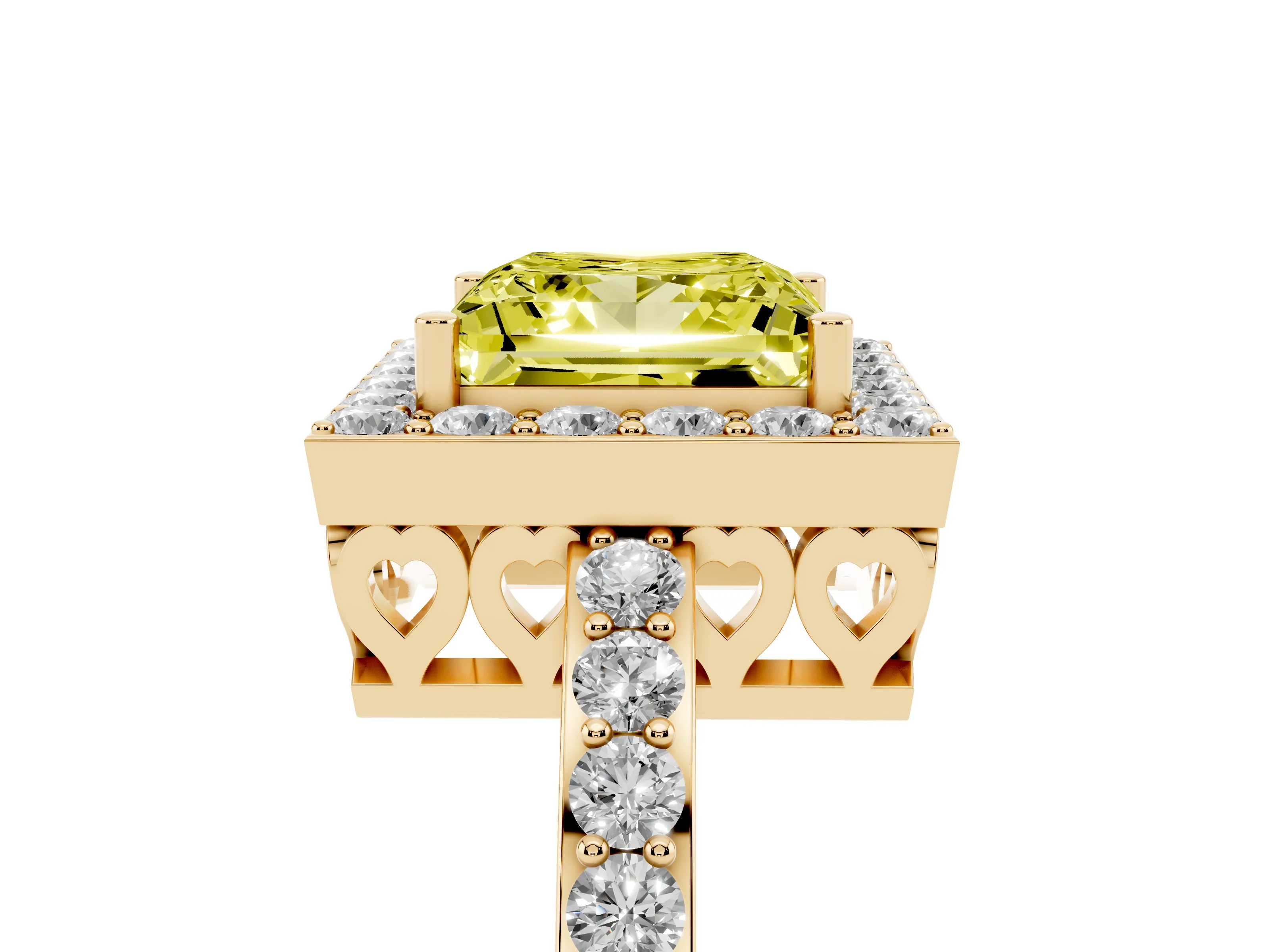 Fancy Yellow Princess Cut Diamond Halo Ring Set in Yellow gold with Pavé-Setting Band and Open Prong Center