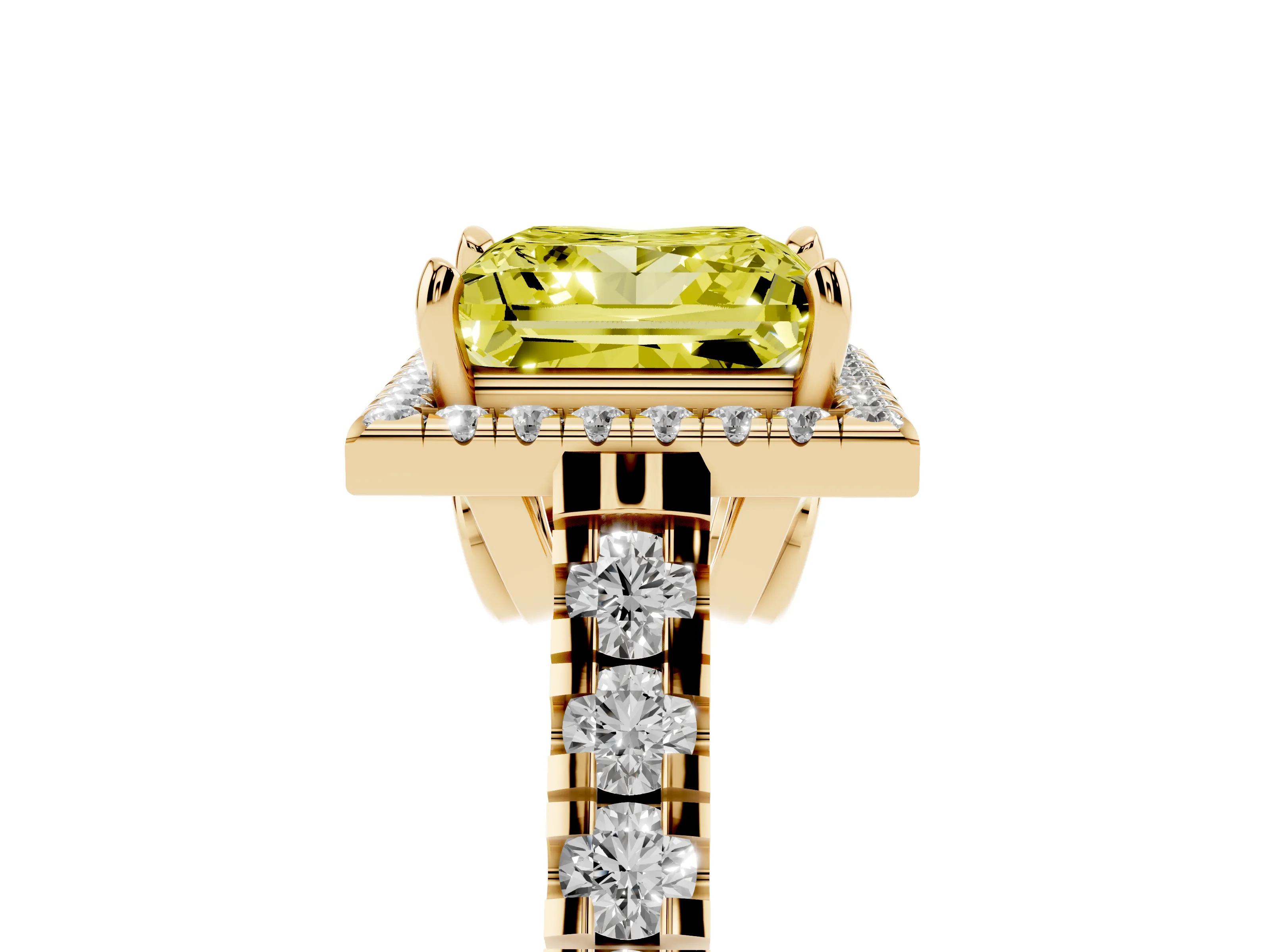 Fancy Yellow Princess Cut Diamond Halo Engagement Ring Set in Yellow gold with Pavé Band and Prong-Set Center