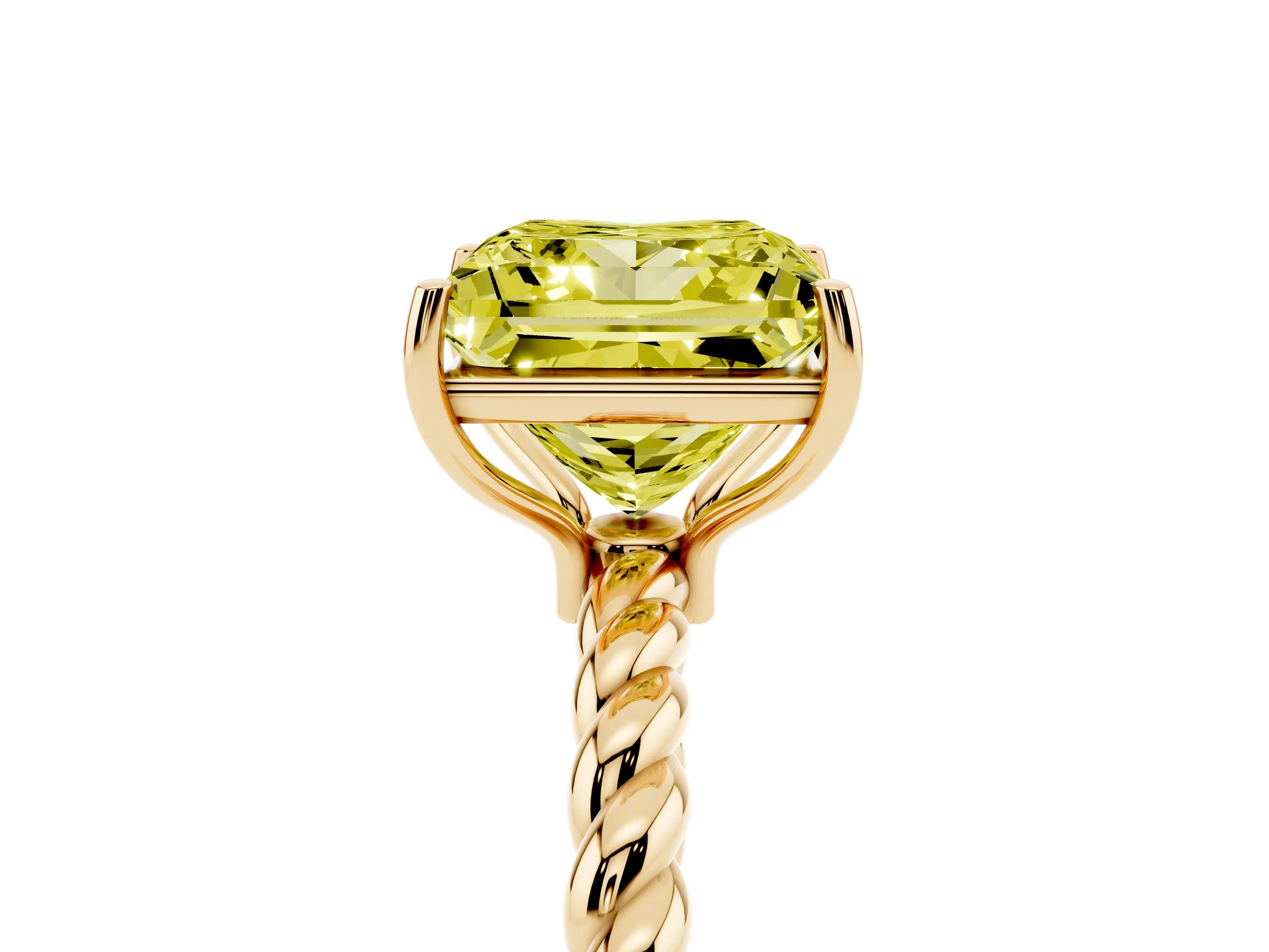 Fancy Yellow Princess Cut Diamond Solitaire Ring Set in Yellow gold with Twist Band and Prong Setting
