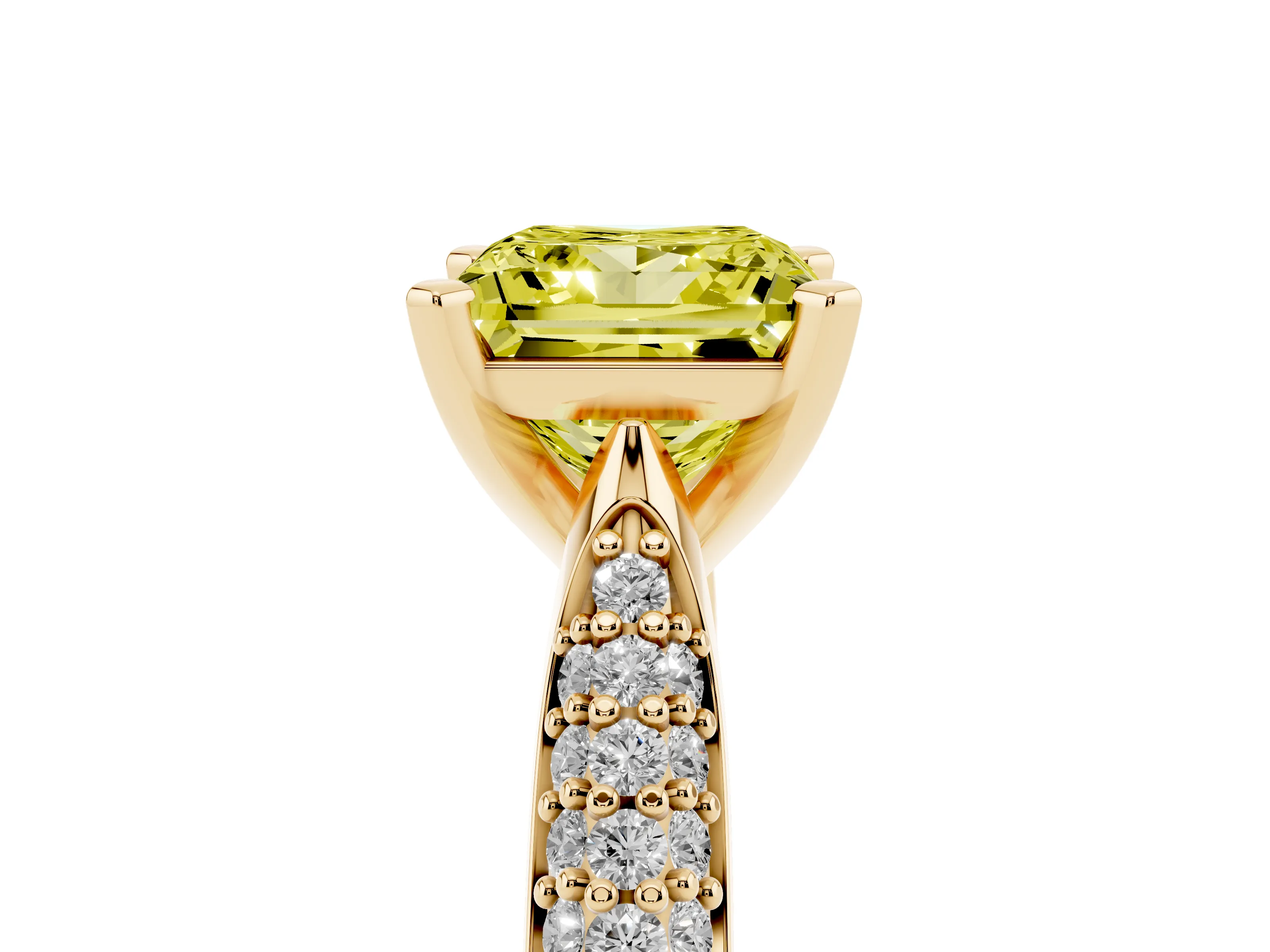 Fancy Yellow Princess Cut Diamond Solitaire Engagement Ring Set in Yellow gold with Multi-Row Round Pavé Band and Prong Setting