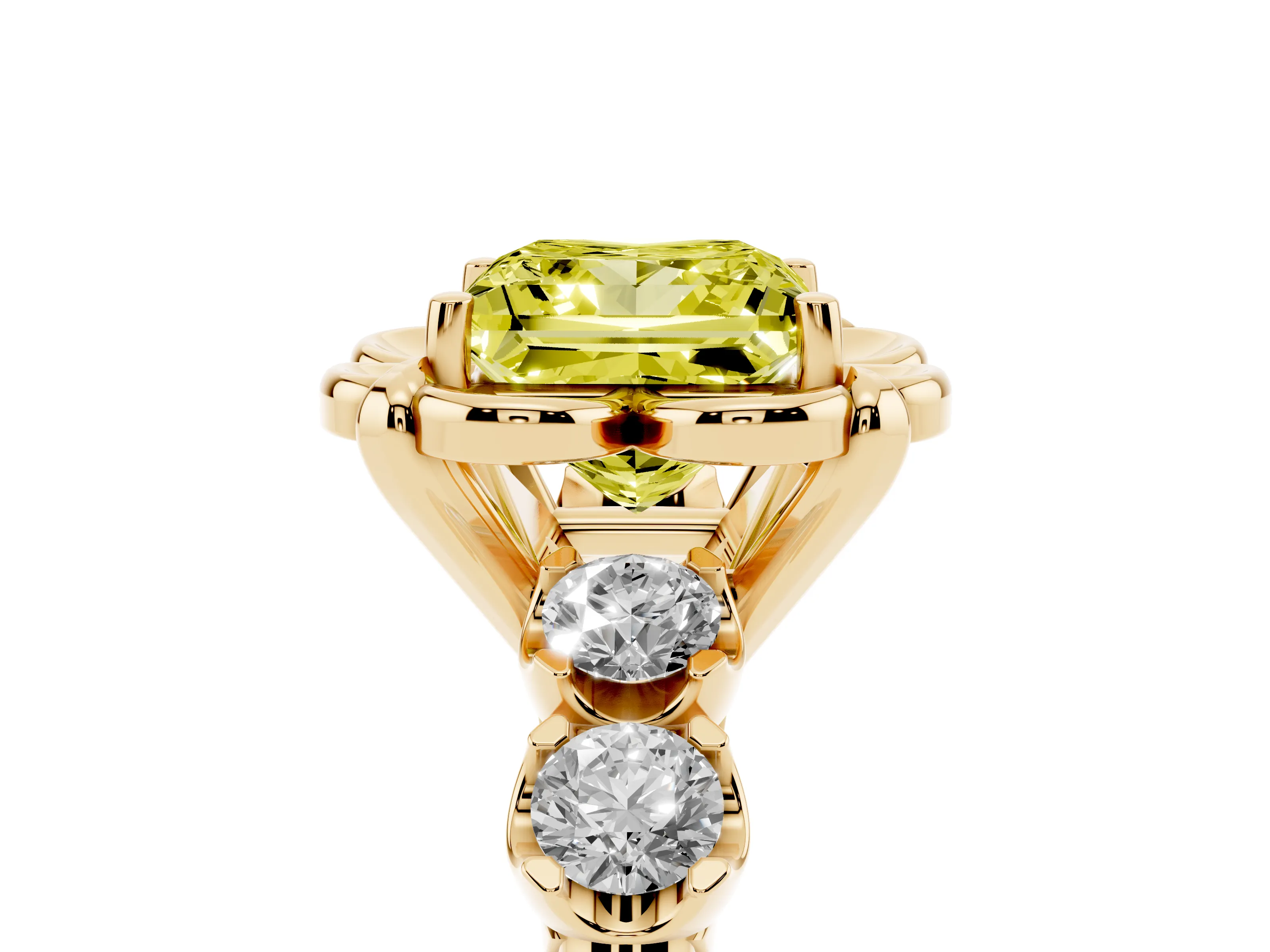 Fancy Yellow Princess Cut Diamond Floral Halo Ring Set in Yellow gold with Shared Prong Band