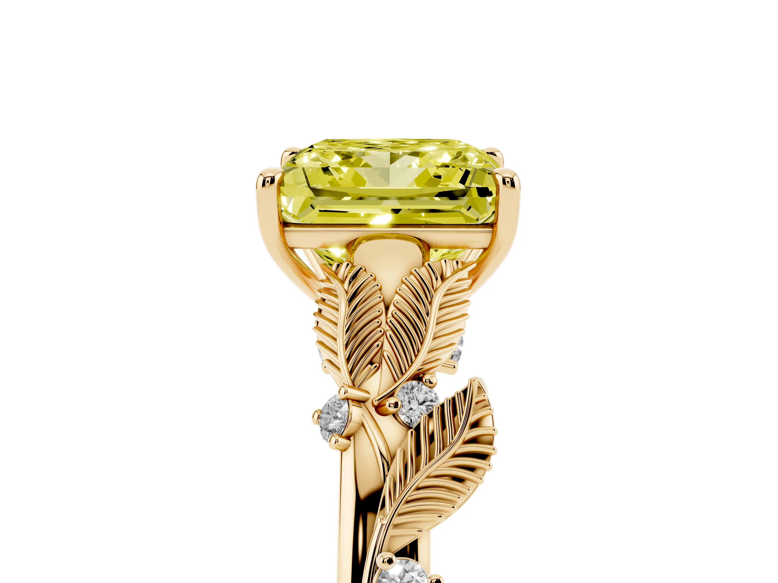 Fancy Yellow Princess Cut Diamond Solitaire Ring Set in Yellow gold with Leaf Motif Band
