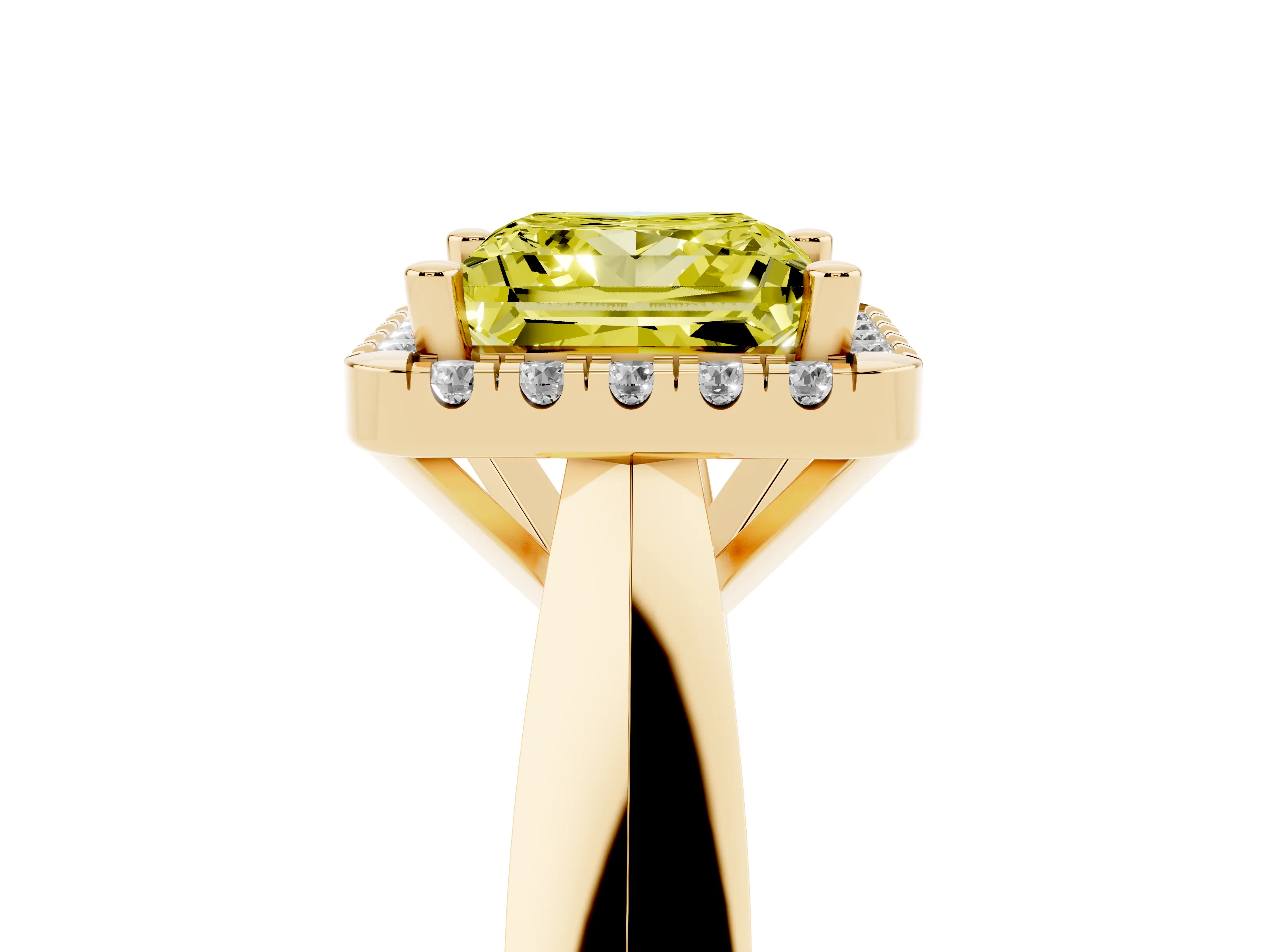 Fancy Yellow Princess Cut Diamond Halo Solitaire Engagement Ring Set in Yellow gold with Square Band and Prong Setting