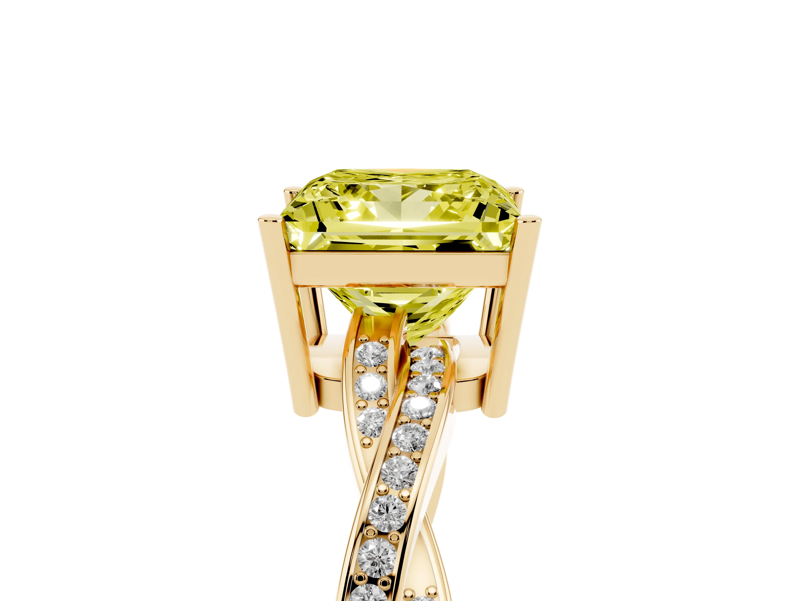Fancy Yellow Princess Cut Diamond Solitaire Twisted Pavé Ring Set in Yellow gold with Prong Setting