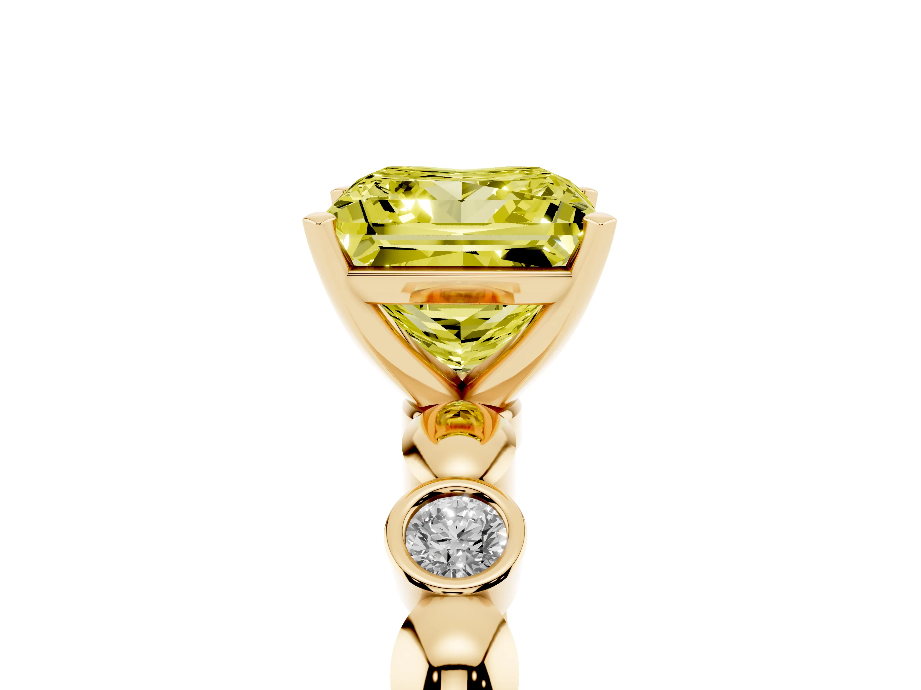 Fancy Yellow Princess Cut Diamond Solitaire Ring Set in Yellow gold with Bezel-Set Accents on Beaded Band and Prong Setting