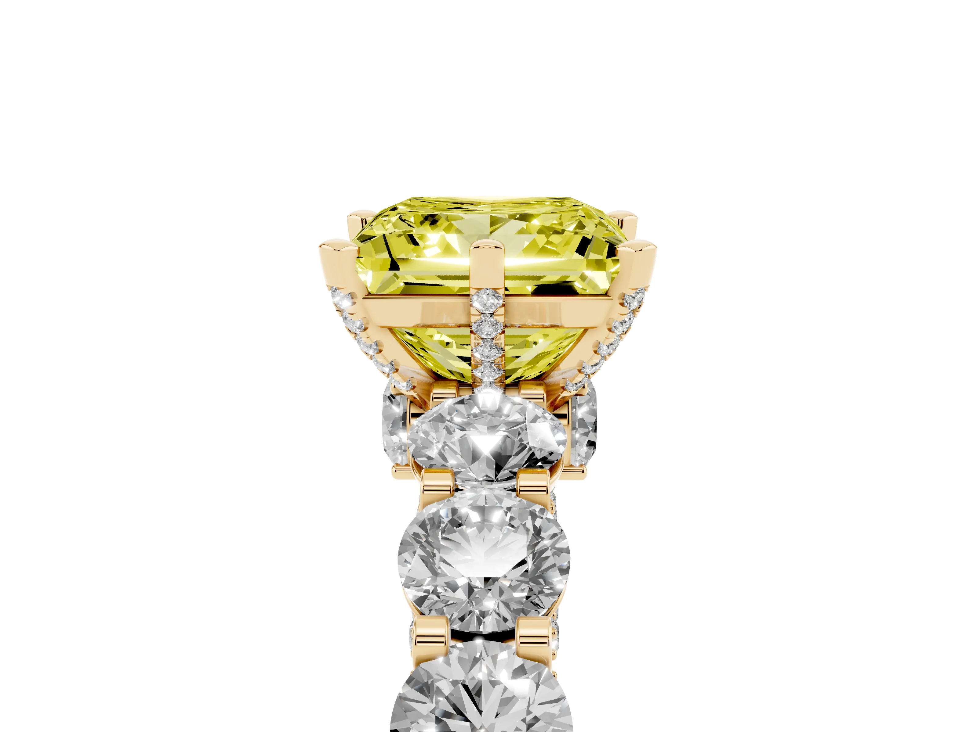 Fancy Yellow Princess Cut Diamond Side Stone Ring Set in Yellow gold with Alternating Round and Oval Side Stones