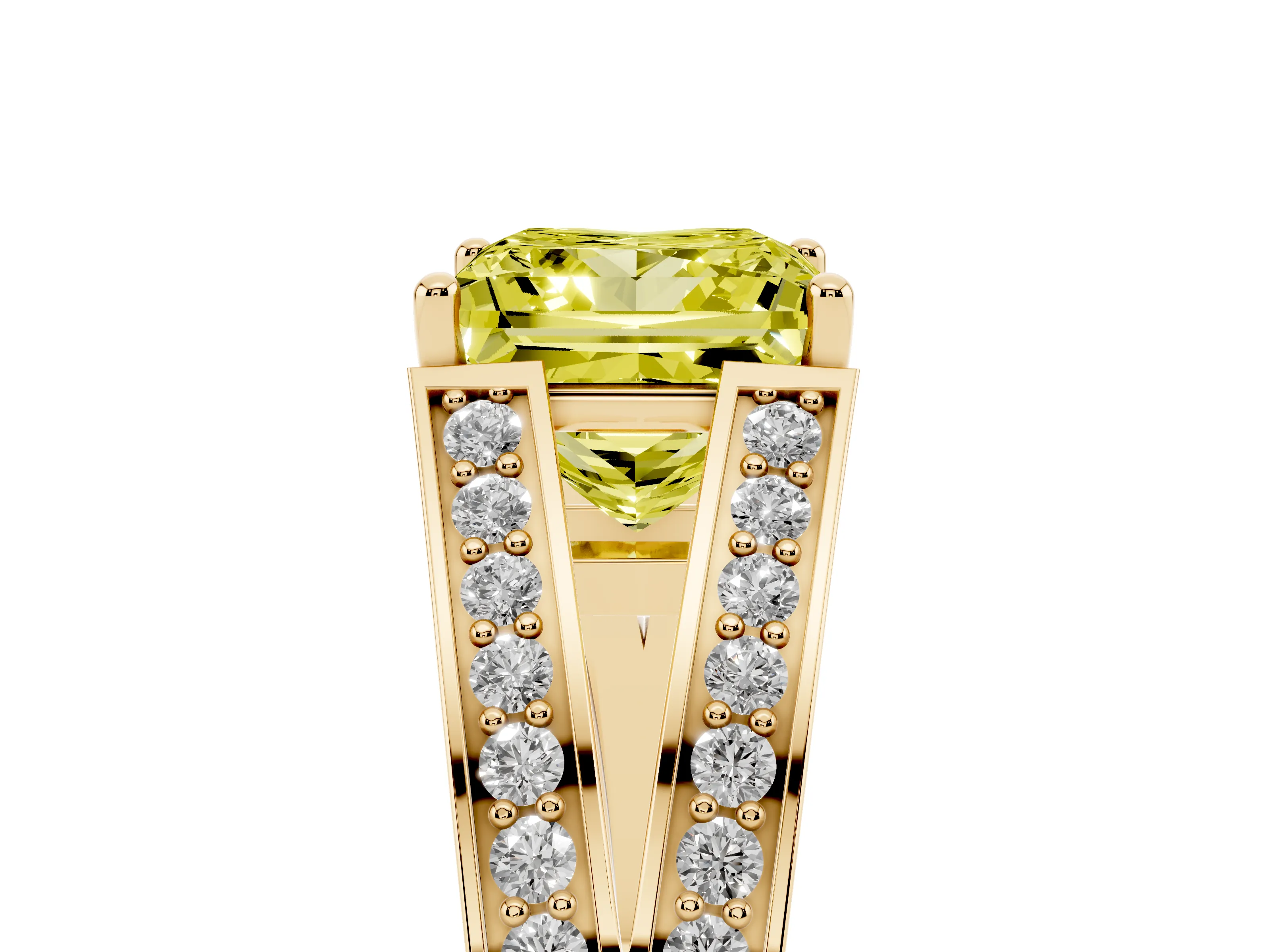 Fancy Yellow Princess Cut Diamond Split Shank Ring Set in Yellow gold with Pavé Band and Prong Setting