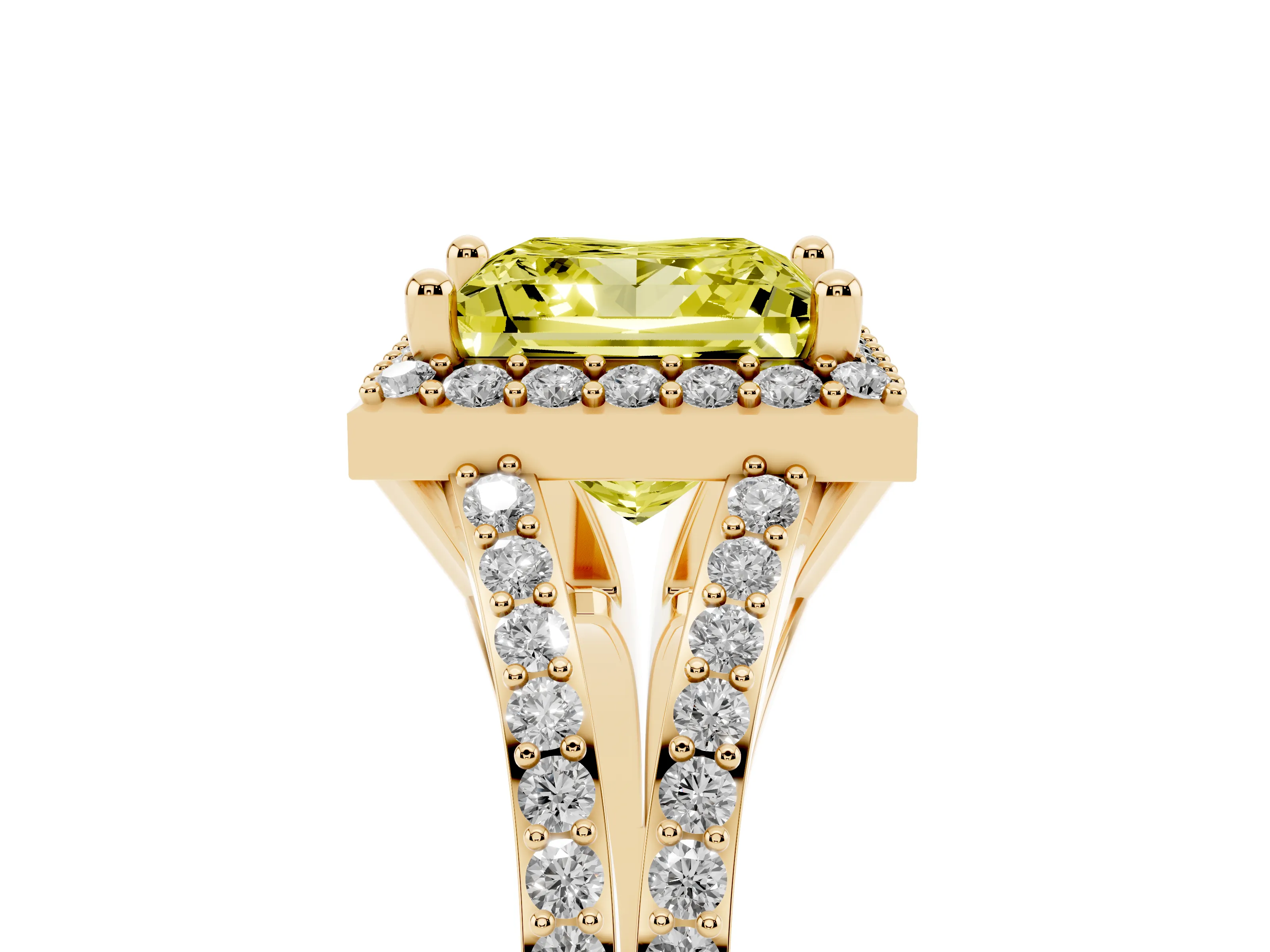 Fancy Yellow Princess Cut Diamond Halo Split Shank Pavé Ring Set in Yellow gold with Prong Setting